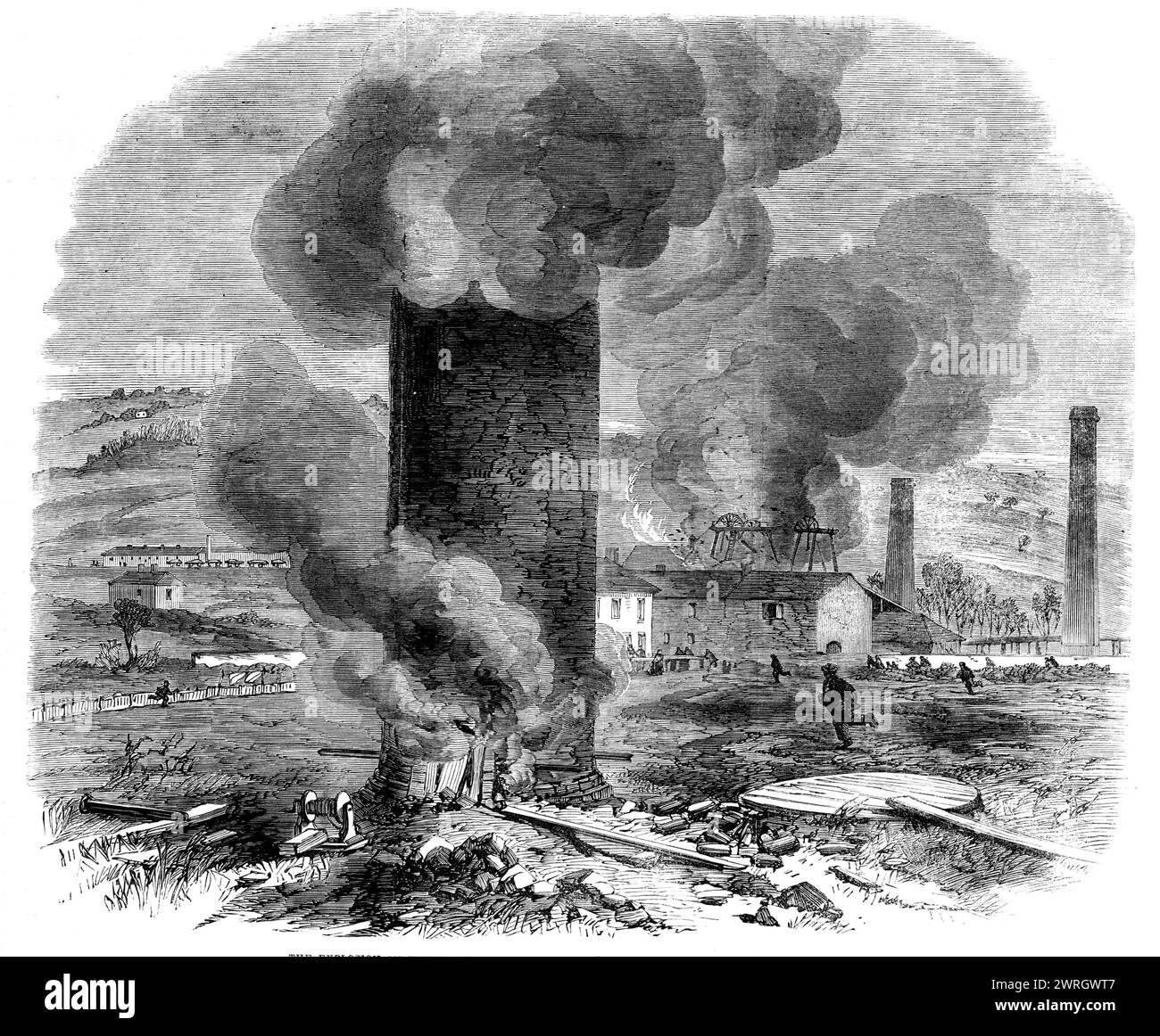 Die Explosion am Mittwoch in Edmund's Main Colliery, Barnsley, 1862. Sofort sprang aus der Kuppel eine dichte Säule schwarzen Rauchs, wie ein gigantischer Turm, in den Himmel. Seine Höhe wird auf mehr als 100 Fuß geschätzt und blieb für einige Momente so klar und scharf wie der Kirchturm definiert. Die Explosion war so heftig, dass sie nicht nur die Strömung der Luft zurückzwang, die in den abfallenden Schächten hinabstieg, sondern auch die Luft, die in den abgeflachten Schacht hinunterging. aber sie erbrachen auch eine riesige Menge Rauch, die von einer Explosion getragen wurde, die die Dielen über den Schacht wegschleuderte, und einige von ihnen Stockfoto