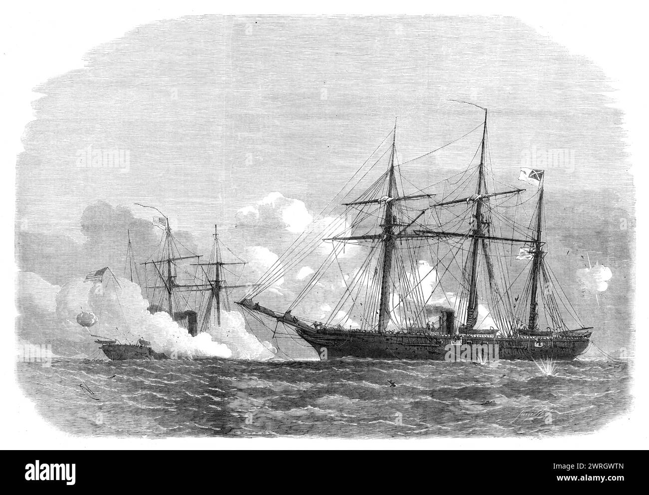 Der Kampf zwischen den Alabama und den Kearsarge, 1864. Amerikanischer Bürgerkrieg - Seeschlacht vor Cherbourg am 19. Juni, nach einer Skizze von Robert Lancaster, dem Besitzer der Yacht Deerhound, die während der gesamten Schlacht anwesend war und die glücklicherweise dazu beitrug, das Leben von Kapitän Semmes zu retten, dreizehn Offiziere, und 26 Männer der Alabama (ein konföderiertes Schiff, das ursprünglich Nr. 290 genannt wurde), als sie ins Wasser gesprungen waren, als ihr Schiff unterging. Captain Winslow von der Kearsarge schrieb: "Die Kearsarge... steuerte sofort auf die Alabama, um sie näher zu bringen. Die Stockfoto