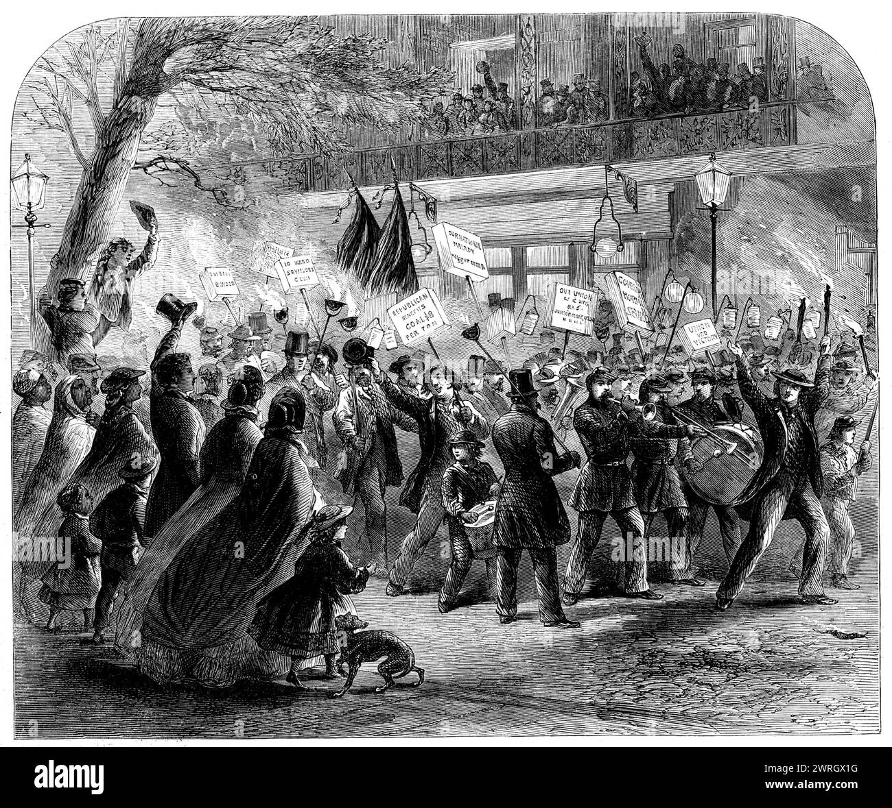 Die Wahl von Horatio Seymour, Gouverneur des Staates New York: Demokratische Prozession am New York Hotel, 1862. Prozession "...auf dem Weg zu einem abendlichen Treffen im City Hall Park, um die Nominierung von Hr. Horatio Seymour zum Gouverneur des Staates New York und von Herrn Elijah Ward, Fernando Wood, Benjamin Wood, zu ratifizieren. und James Brooks als Kongressabgeordnete für vier Wahlbezirke der Stadt. Das New York Hotel ist der Hauptsitz und Treffpunkt aller prominenten Politiker, deren Schlachtruf im gegenwärtigen beklagenswerten Kampf lautet: " Stockfoto