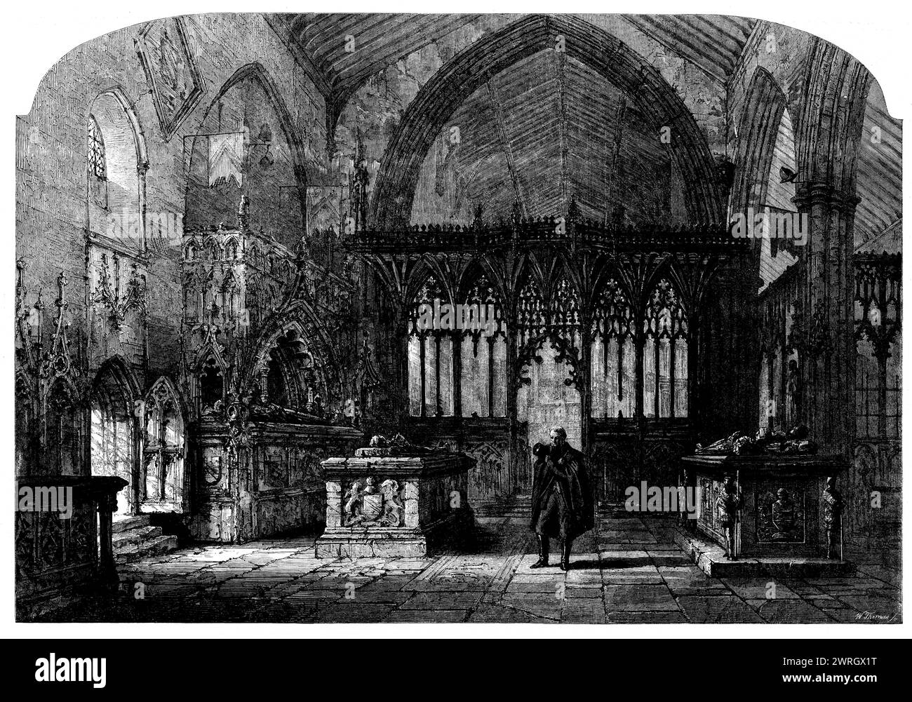 Lord Riverdale's Reue: The Last Home of the Riverdales – gezeichnet von Samuel Read, 1862. Illustration zu einer Kurzgeschichte von William J. Stewart. Das helle, winterliche Sonnenlicht strömte durch die offene Tür der alten Kirche... also hatten sie sie hier gelegt. dann, zu den Füßen ihrer Mutter... erinnerte er sich, als sie zu ihm schickten und sie fragten, ob sie an der Seite ihrer Mutter ruhen sollte, er ihnen geantwortet hatte, wütend - nein! Aber ohne Schuld von ihm... aber es war nicht, um Gedanken wie diesen in den Griff zu bekommen, seien Sie sicher, dass John Lord Riverdale hierhergereist war Stockfoto