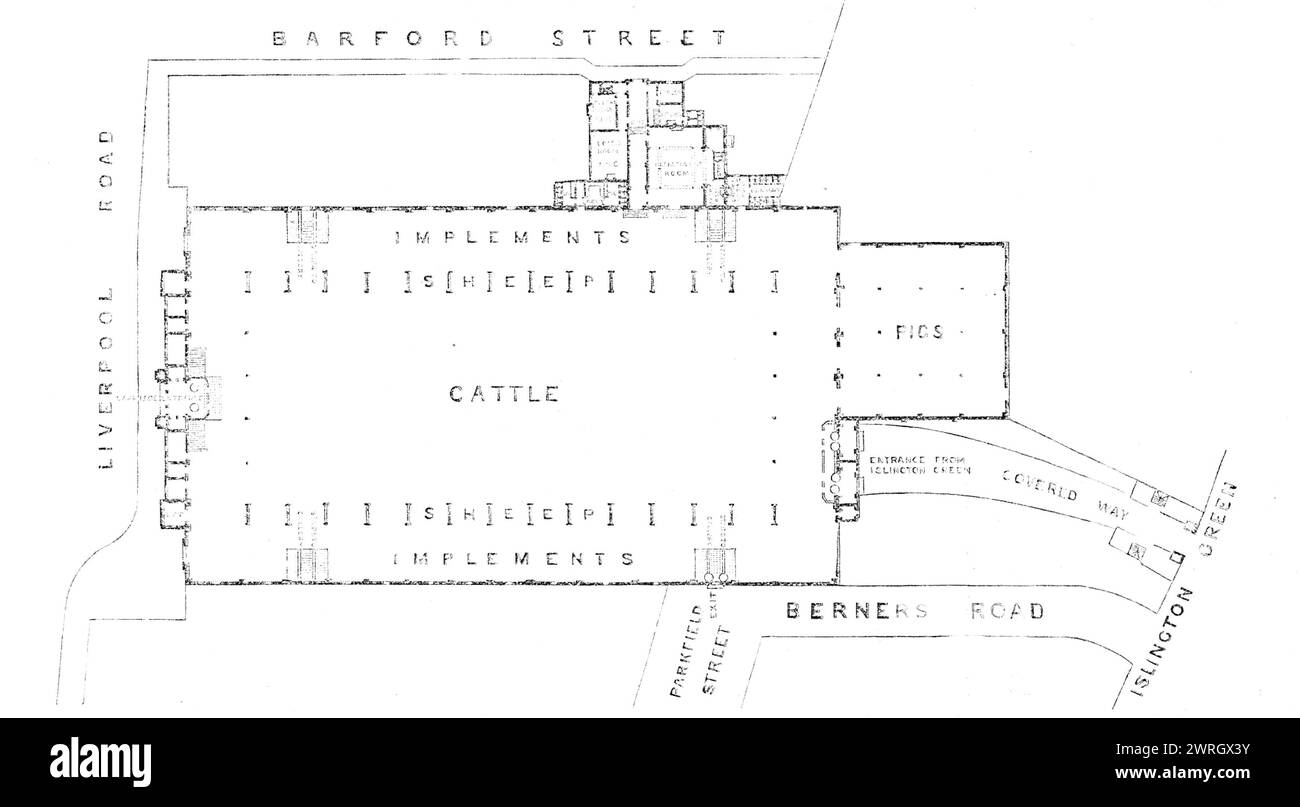 Plan der neuen Agricultural Hall, Islington, [London], 1862. Die Halle hat Eingänge von allen Seiten. Seine zentrale Lage, was die verschiedenen bahnbahnhöfe betrifft (mit denen sie alle durch die neue Straße direkt miteinander verbunden ist), macht sie gut für die Zwecke geeignet, für die sie bestimmt ist...die Westfassade ist das Hauptziel; und hier gibt es zwei hohe Türme und einen kühnen Kutscheneingang. Die Konstruktion besteht aus gelbem Ziegelstein, mit Bändern und Bögen aus roten Ziegeln. Am östlichen Ende, fast gegenüber Islington-Green, befindet sich ein Torbogen aus Ziegelstein mit ähnlichem Charakter, mit einer Abdeckung Stockfoto