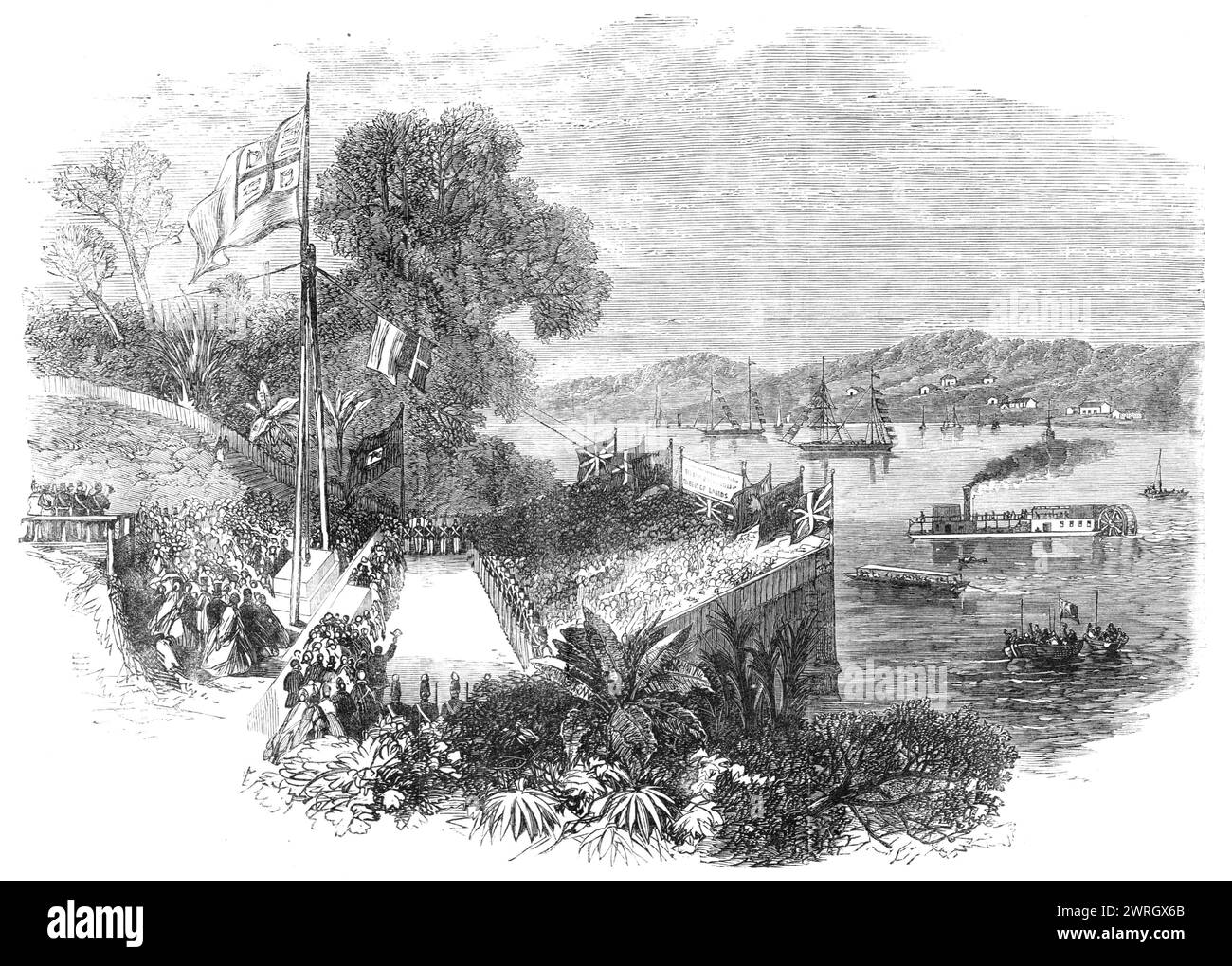 Grundsteinlegung der Brisbane Bridge, Queensland, New South Wales, 1864. "Der Grundstein für die neue Brücke, die den nördlichen und südlichen Teil der Stadt verbindet, wurde am 22. August von Sir G. F. Bowen gelegt. Das Bauwerk begann so nach den Entwürfen der Ingenieure Robson und I'Anson. es soll eine eiserne Gitterbrücke sein... die tatsächlichen Kosten werden auf &#xa3;50.000 bis &#xa3;60.000, die von der Corporation of the City of Brisbane getragen werden. Die Zeremonie des ersten Steins wurde von etwa 1500 Personen beobachtet, die in das Ink Stockfoto