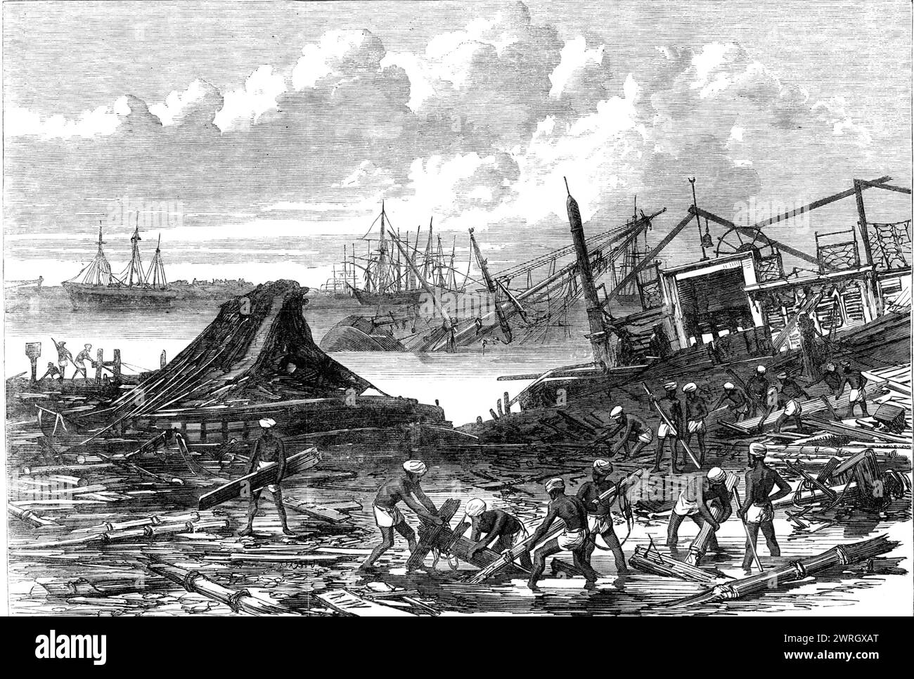 Auswirkungen des Zyklons in Kalkutta, 1864. Gravur eines Fotos, das vor Ort von Mr. Wagentreiber aufgenommen wurde, von dem schrecklichen Chaos, das durch den Wirbelsturm oder den sich drehenden Hurrikan vom 5. Oktober unter den überfüllten Schiffen im Fluss Hootly verursacht wurde. im Hafen von Kalkutta... waren die Einzelheiten der Katastrophe in unserem früheren Bericht so vollständig verwandt, dass es unnötig ist, die Beschreibung zu wiederholen... es kann hinzugefügt werden, dass aus einem Bericht an die Meteorologische Gesellschaft von Kalkutta, es scheint, dass der Druck des Windes in einem Moment während dieses Sturms bis zu 32 Pfund auf dem Quadratzoll betrug. Stockfoto