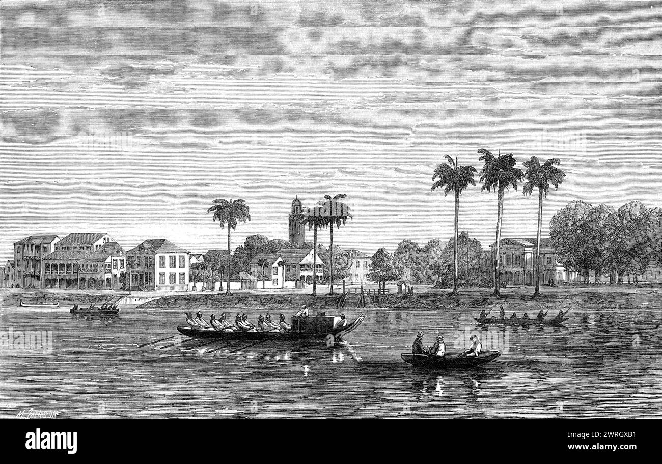 Ansichten in Niederländisch-Guayana: Government-House-Square, Paramaribo, Surinam, 1864. Illustration '...from das Portfolio der "Landschaft der niederländischen Westindischen Inseln", veröffentlicht von Buffa und den Söhnen von Amsterdam...am ersten Tag des Juli 1863 war die niederländische Kolonie Surinam Schauplatz großer Festlichkeiten und Freuden unter den afrikanischen oder Sklaven ihrer Einwohner, denn an jenem Tag ging das System der Sklaverei zu Ende Die Legislative von Holland hatte beschlossen, dass alle Sklaven in dieser Kolonie von der Regierung gekauft und wieder in Freiheit gebracht werden sollten. Der Geburtstag des Stockfoto