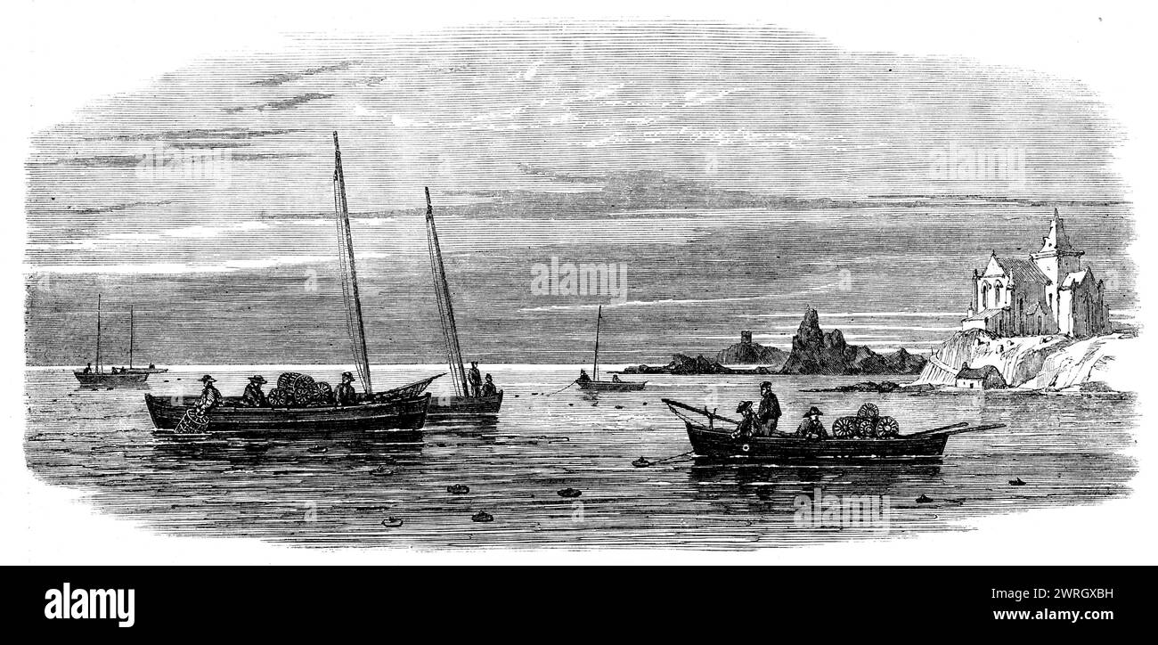 The Shellfish Supplies: Krabbenfischen vor der Fife Coast, [Schottland], 1862. „Die Maschinen zur Versorgung der ständig steigenden Nachfrage nach Hummer, Krabben und Austern sind äußerst einfach. An den meisten Teilen der britischen Küste gibt es Leute, die es sich zur Aufgabe machen, diesen Luxus des Tisches für alle zu bieten, die sie wünschen... die Fischer und ihre Familien kümmern sich um das Fangen von Krabben und Hummer in den Intervallen anderer Geschäfte... auch um das Nehmen von Muscheln gewährt den alten Männern und Jugendlichen der Fischerdörfer Beschäftigung, und diese Leute können in den schönen Tagen fleißig gesehen werden Stockfoto