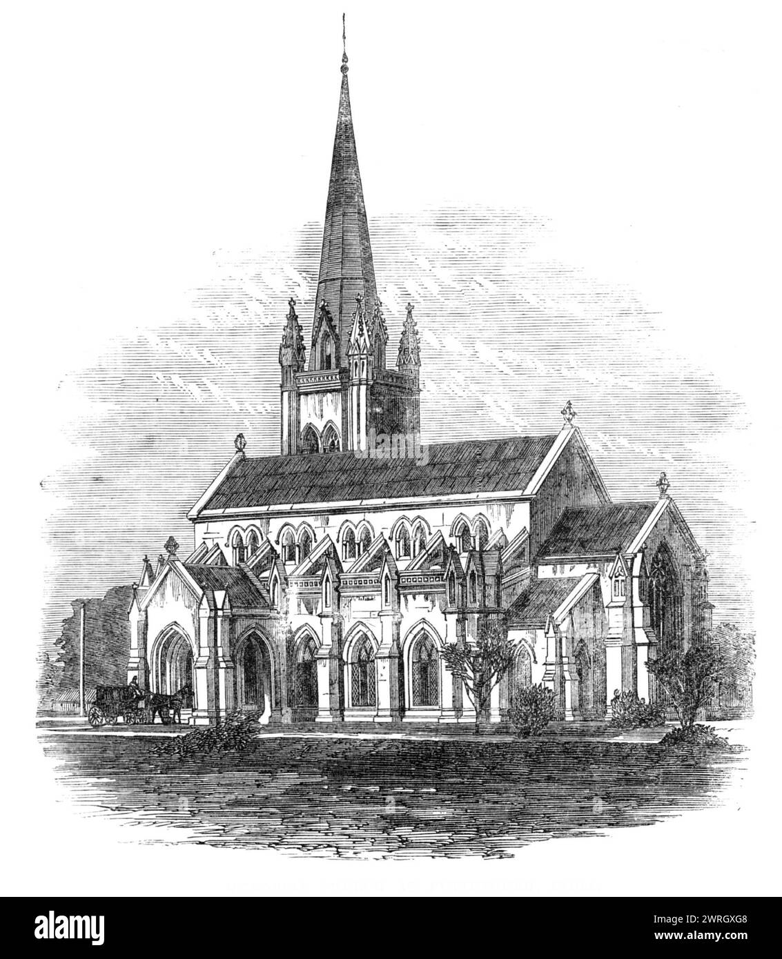 Gedenkkirche in Futteygurh, Indien, 1864. Futteygurh ist eine Station in den nordwestlichen Provinzen Indiens, etwa 80 Meilen von Cawnpore entfernt, und wie Cawnpore zur Zeit der Sepoy-Meuterei von 1857 fiel sie in die Hände der Rebellen, als fast jeder Europäer in der Station getötet wurde. Die Leichen vieler unserer unglücklichen Landsleute wurden in einen Brunnen geworfen, über dem ein Denkmal von der Regierung der nordwestlichen Provinzen errichtet wurde. Die Kirche, die durch unsere Gravur repräsentiert wird, ist in einem Steinguss des Brunnens gebaut und bildet eines der auffälligsten Obje Stockfoto