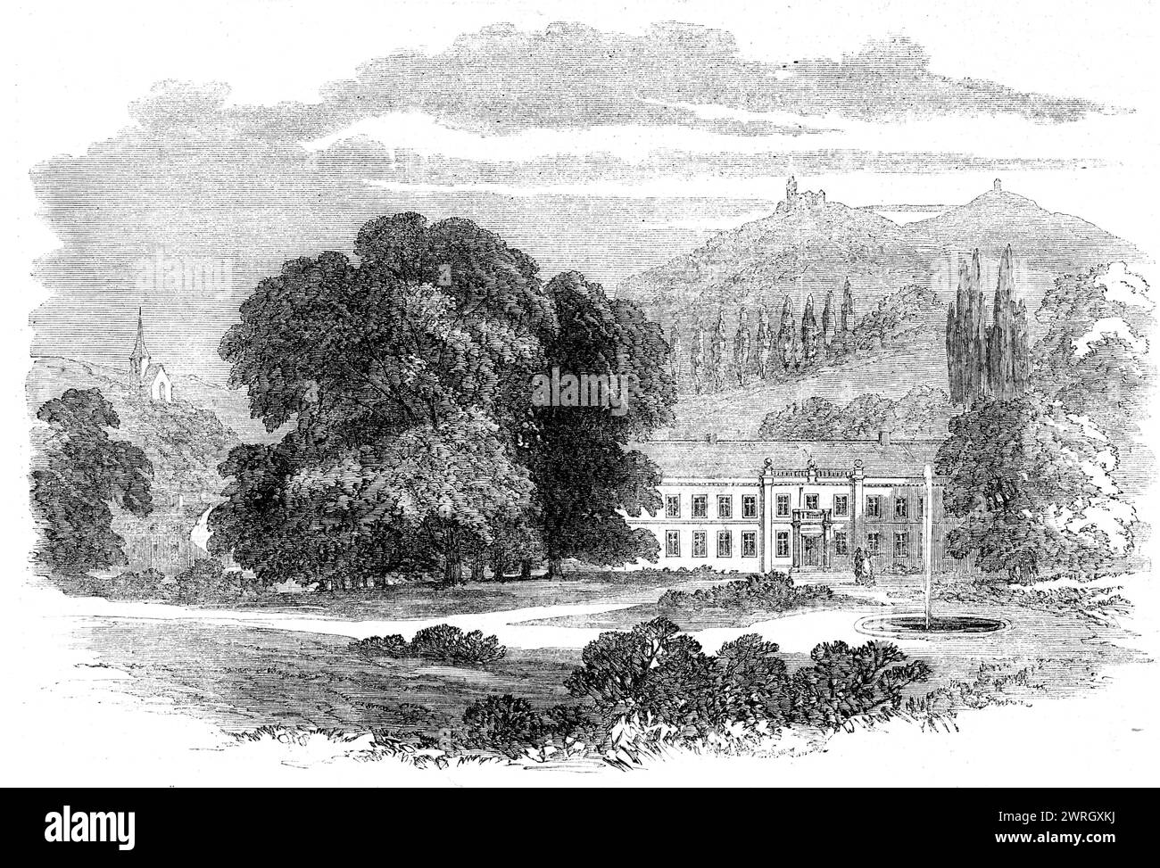 F&#xfc;rstenlager, Sitz des Herzogs von Hessen-Darmstadt, bei Auerbach - nach einer Skizze unseres besonderen Künstlers, 1862. "Dieses Herzogschloss, in dem Prinz und Prinzessin Ludwig von Hessen kurz nach ihrer Heirat etwa sechs Wochen verbrachten, liegt zwölf Meilen von Darmstadt entfernt, bei Auerbach, einem der schönsten Dörfer an der Bergstraße, das Auerbach manchmal als Wasserstelle genutzt wird. wegen einer Mineralquelle in der Nachbarschaft. Ein stufenweiser Aufstieg führt am brunnen vorbei zu den Ruinen der Burg Auerberg (in unserer Gravur auf der Rückseite des Schlosses zu sehen), einer der schönsten Pektu Stockfoto
