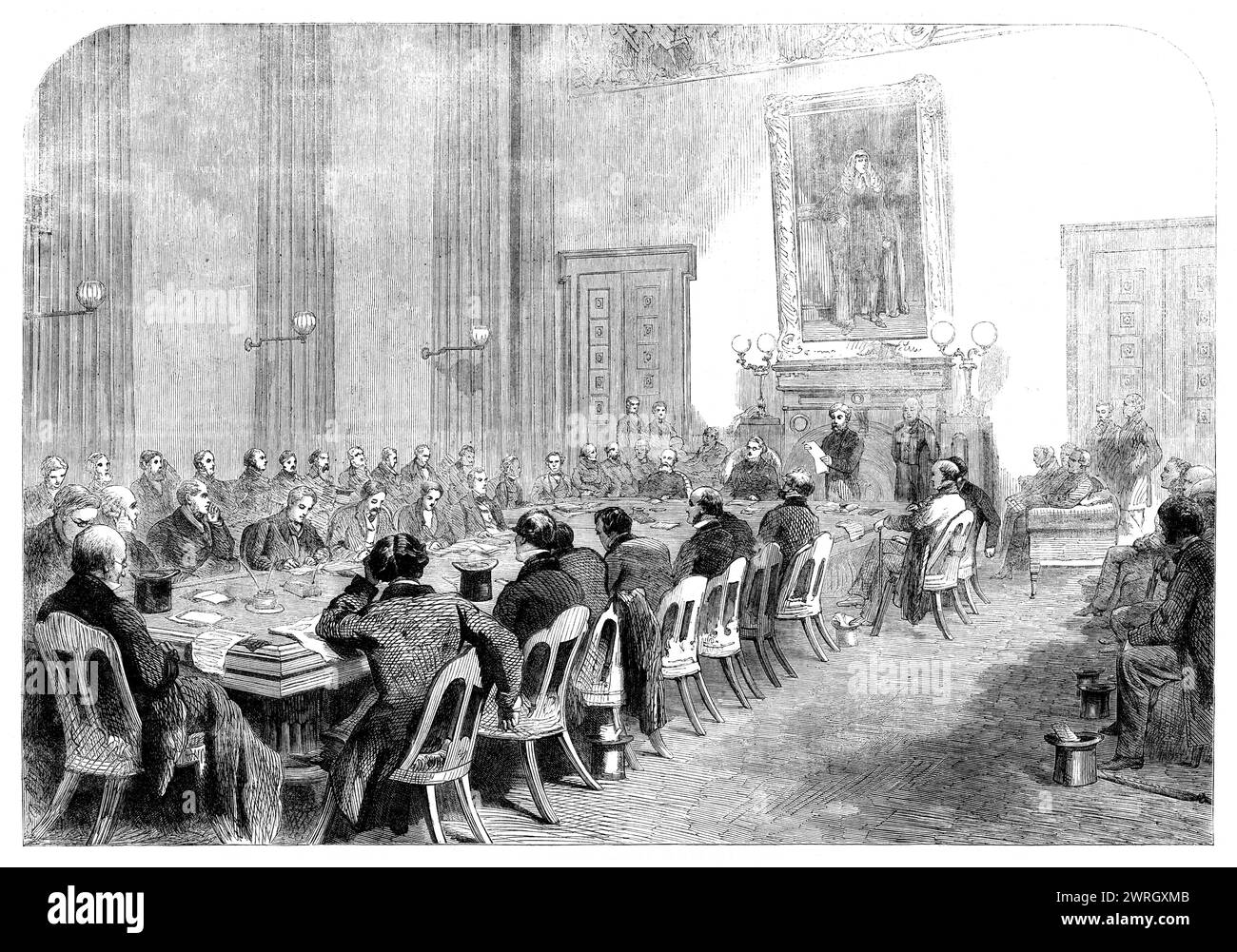 The Cotton Hunger: Sitzung des zentralen Hilfskomitees im Bürgermeistersaal in Manchester - Earl Derby in the Chair, 1862. Die Lancashire Cotton Famine (1861–65) war eine Depression in der Textilindustrie Nordwestenglands, die durch Überproduktion in einer Zeit sich abzeichnender Weltmärkte hervorgerufen wurde. Sie fiel mit der Unterbrechung der Baumwollballen infolge des Amerikanischen Bürgerkriegs zusammen und Spekulanten kauften neue Lagerbestände für die Lagerung in Lagerhäusern auf. Die Baumwollpreise stiegen in China nach dem Zweiten Opiumkrieg und während der Taiping-Rebellion. Der Anstieg der Baumwolle pri Stockfoto