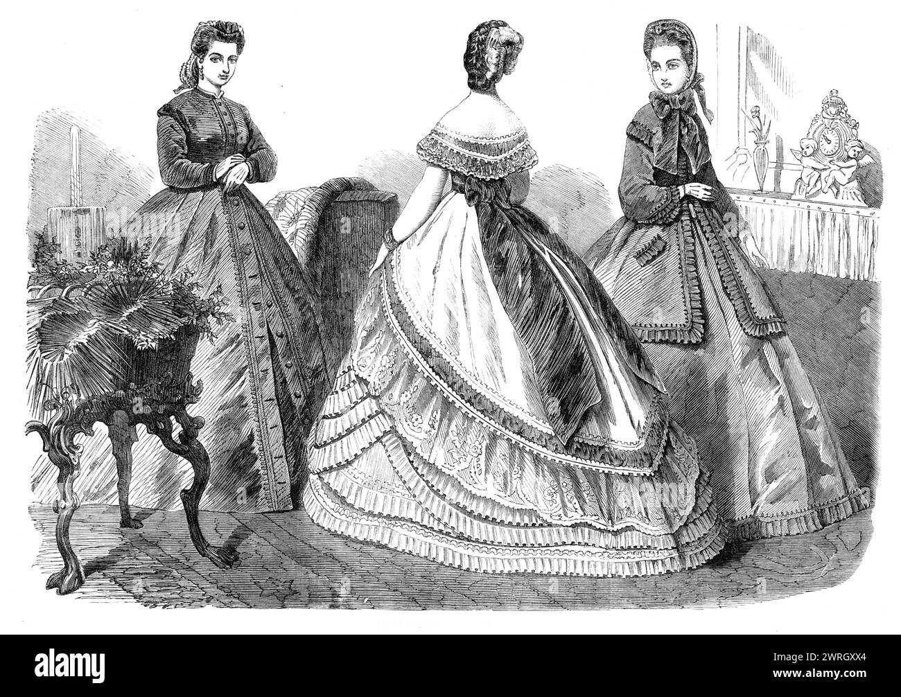 Pariser Mode für November 1864. „Abb. 1. Morgenkleid. Es ist insgesamt ein „zu Hause“-Kostüm, dessen Farbe im Allgemeinen hell ist, über einem schwulenfarbenen Jupe, der durch die Öffnungen im Kleid sichtbar ist, die vorne und hinten geknöpft sind... die Graduiertenknöpfe können entweder in mattem Gold oder in Perlmutt sein. Abb. 2. Ballkleid. Weißes Tarlatan-Gewand, verziert um den unteren Teil des Rockes mit zwei geriffelten Volants, gekrönt von einem strohfarbenen Seidenrand... der oberste Jupe ist mit einem tiefen Spitzenbesatz versehen, der von einer Bouillonn&#x überragt wird Stockfoto