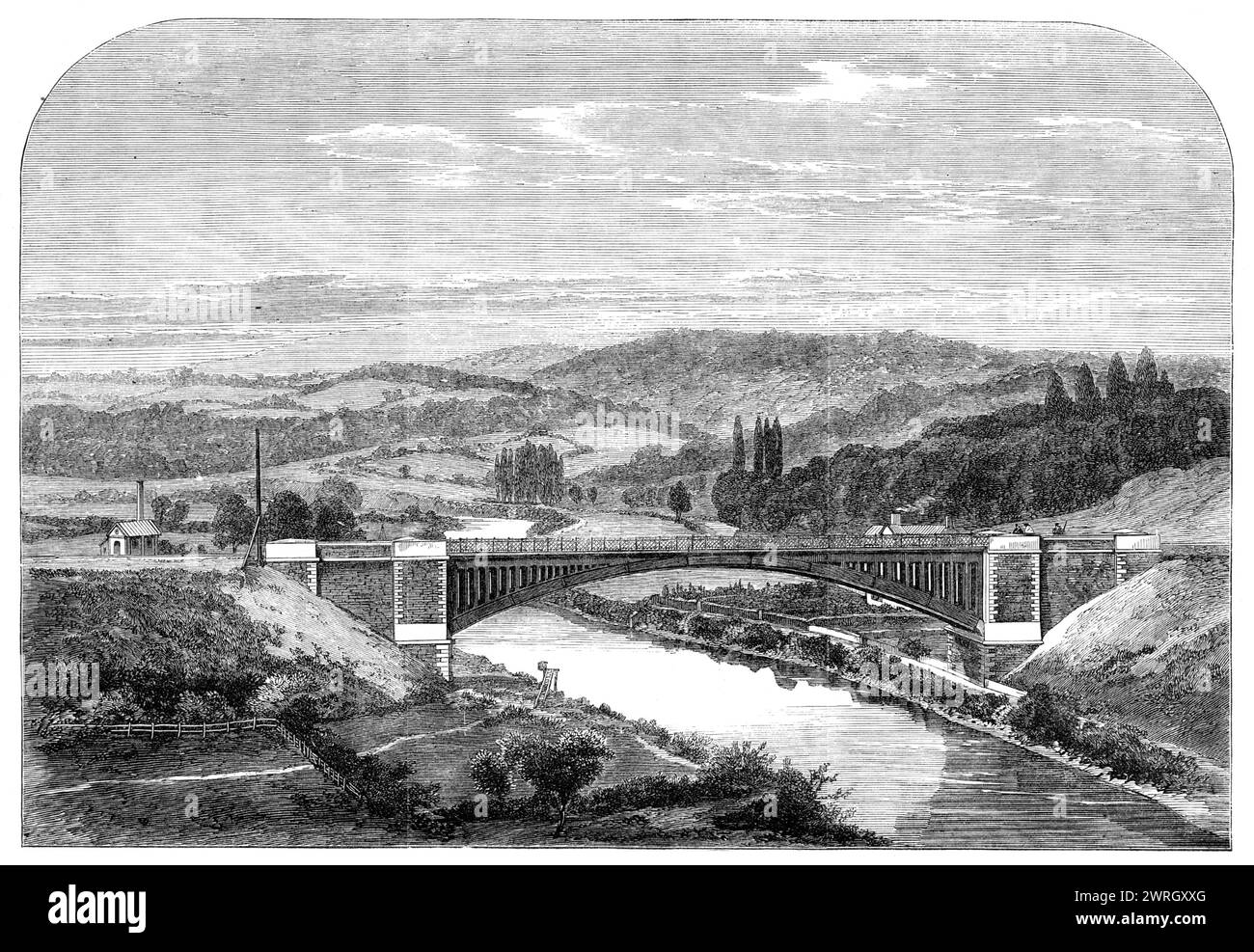 Die Albert Edward Bridge der Coalbrookdale Railway über die Severn, [Shropshire], 1864. Gravur '...from ein ausgezeichnetes Foto von Mr. W. Fall, Fotograf, vom Marktplatz Ironbridge, Salop... es ist einzigartig, dass die Brücke, die das Thema unserer Illustration bildet - das jüngste und eines der unternehmungslustigsten Werke seiner Klasse - in Sichtweite der ersten Eisenbrücke ist, die in England gebaut wurde - eine, die von denselben Eisenmeistern gebaut wurde im Jahr 1779, das der aufstrebenden und wichtigen Stadt Ironbridge am Ufer der Severn einen Namen gegeben hat. Guss i Stockfoto