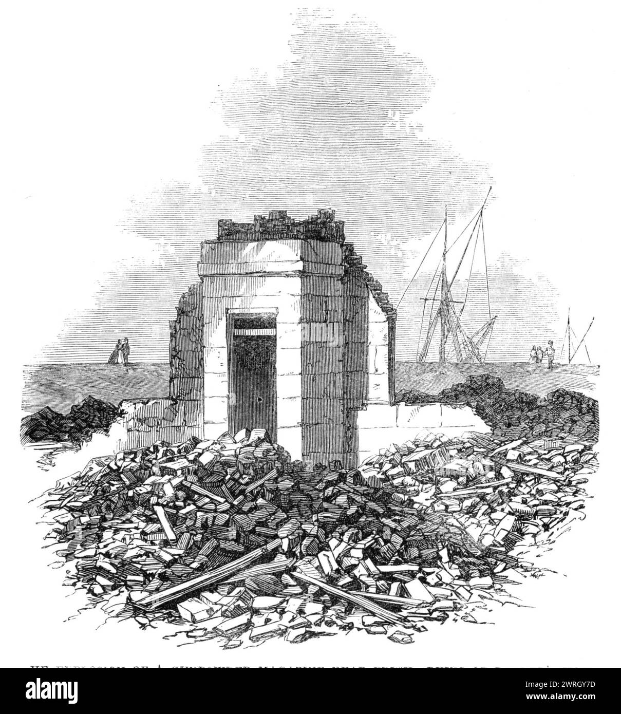 Die Explosion eines Pulvermagazins in der Nähe von Erith: Ruinen von Rayners Haus, 1864. Illustration von dem Haus von George Rayner, Lagerhalter des Magazins John Hall und Sons, nach der zerstörerischen Explosion in den Pulvermagazinen Belvedere in der Nähe von Erith, am Samstagmorgen, dem 1. Oktober... die Schießpulver aus den Mühlen in Faversham gebracht hatten, lagen bei der Explosion auf dem Anleger ihres Magazins in Belvedere, und es wird vermutet, dass eine von ihnen entladen wurde Stockfoto