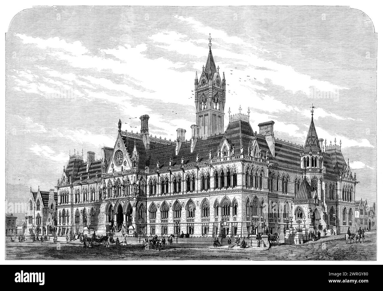 Die neuen Assize Courts in Manchester, 1864. Blick auf die Vorderseite des edlen Gebäudes, das kürzlich in der Cheetham Hill Road in Manchester für das Assize-Geschäft der Salford Hundred und der benachbarten Bezirke von Lancashire errichtet wurde...[der Architekt,] Mr. A. Waterhouse, von New-Street, Spring-Gardens...[hat] hervorgebracht, was unvergleichlich ist, das beste Gebäude, das je in England für einen ähnlichen Zweck errichtet wurde. Ein herausragender Kritiker hat kürzlich erklärt, dass „dieses Gebäude - das große Werk Nordenglands - eine Epoche in der Geschichte der Architektur unserer Zeit markieren wird, p Stockfoto