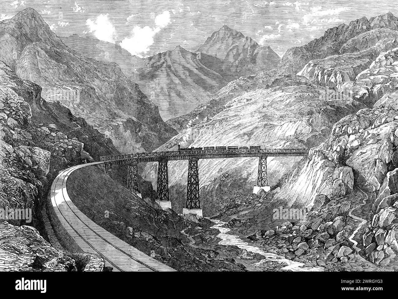 Die Valparaiso- und Santiago-Bahn: Das Maquis-Viadukt, 1864. Stich aus einer Zeichnung von Mr. Boulet von einer der höchsten Eisenbahnen der Welt... Seine Länge beträgt etwas mehr als 114 Meilen, und da sein Verlauf durch einen Teil der Andenkette verläuft, bietet er in mancher Hinsicht Merkmale, die selten bei Werken dieser Art zu finden sind... an einem Punkt tritt die Maquis-Viadukt auf, eine eiserne Struktur 126 ft. In Höhe von 600 m In der Länge, und die die seltenen Merkmale zeigt, dass sie zu einem Radius von 600 ft. Gekrümmt sind, und, aufgrund der Neigung darüber, etwa 14 ft. Höher bei 1 en Stockfoto