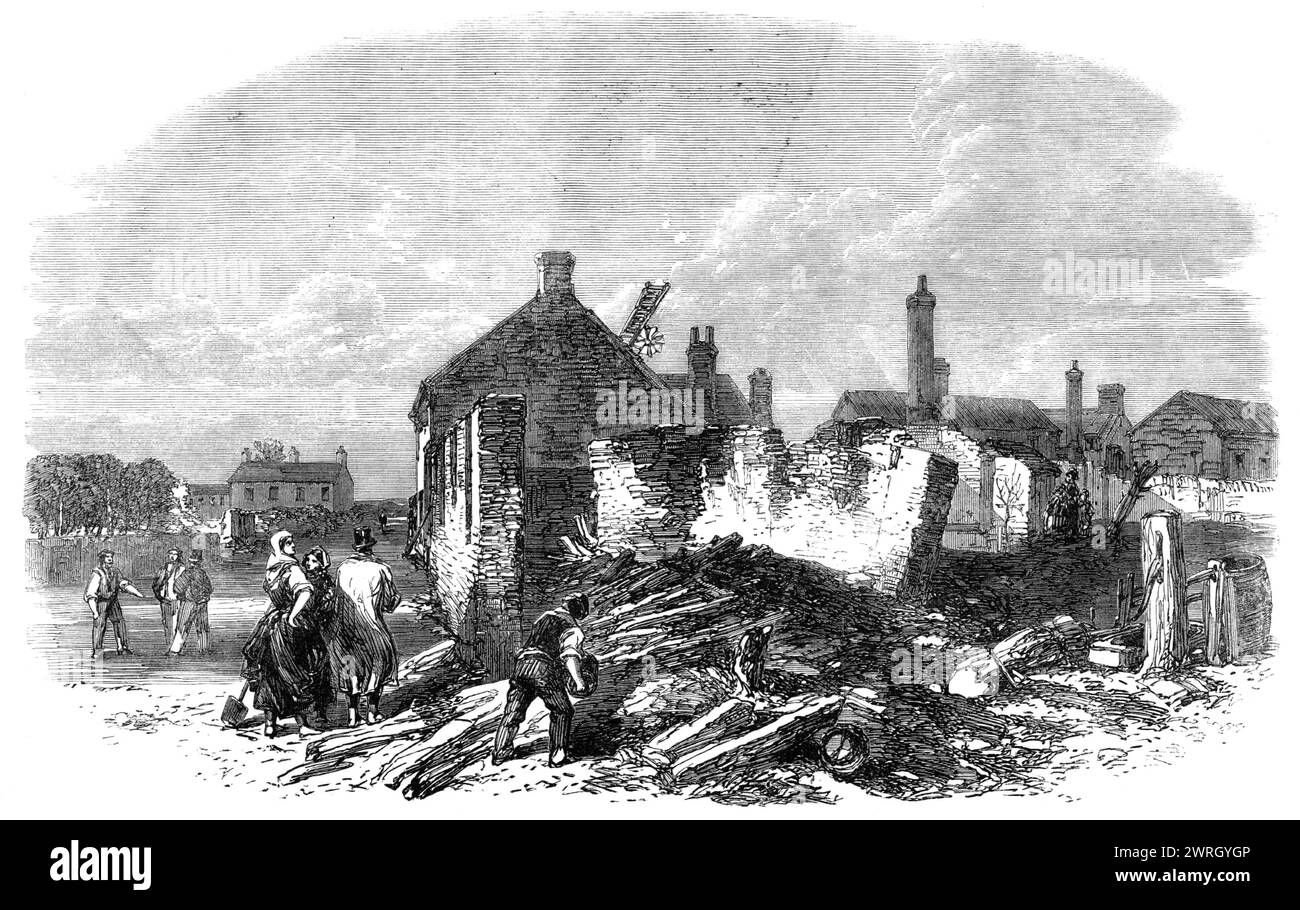Ruinen des Dorfes Billinghay, Lincolnshire, nach dem späten Brand 1864. Wir bieten einen Blick auf die Ruinen eines Teils des Dorfes Billinghay, der am Freitag, dem 9. September, durch Feuer zerstört wurde. Das Feuer, so scheint es, wurde durch die Funken eines scheuen Kamins verursacht, der auf das Dach einer Strohhütte in einem Hof fiel, der William Scott, Holzhändler, gehörte. Der Wind wehte damals einen Sturm aus dem Westen, und das brennende Stroh wurde auf ein strohgedecktes Häuschen von Robert Newton, einem Träger zwischen Sleaford und Lincoln, geblasen. Dieses Gebäude wurde komplett entkernt, ebenso wie der Stall Stockfoto