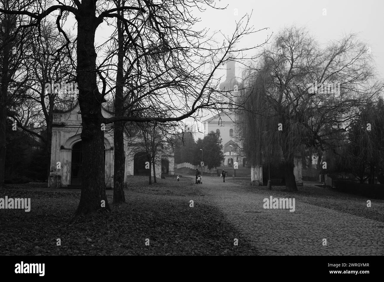 Schwarzweiß-Fotografie Calvary in Košice Stockfoto