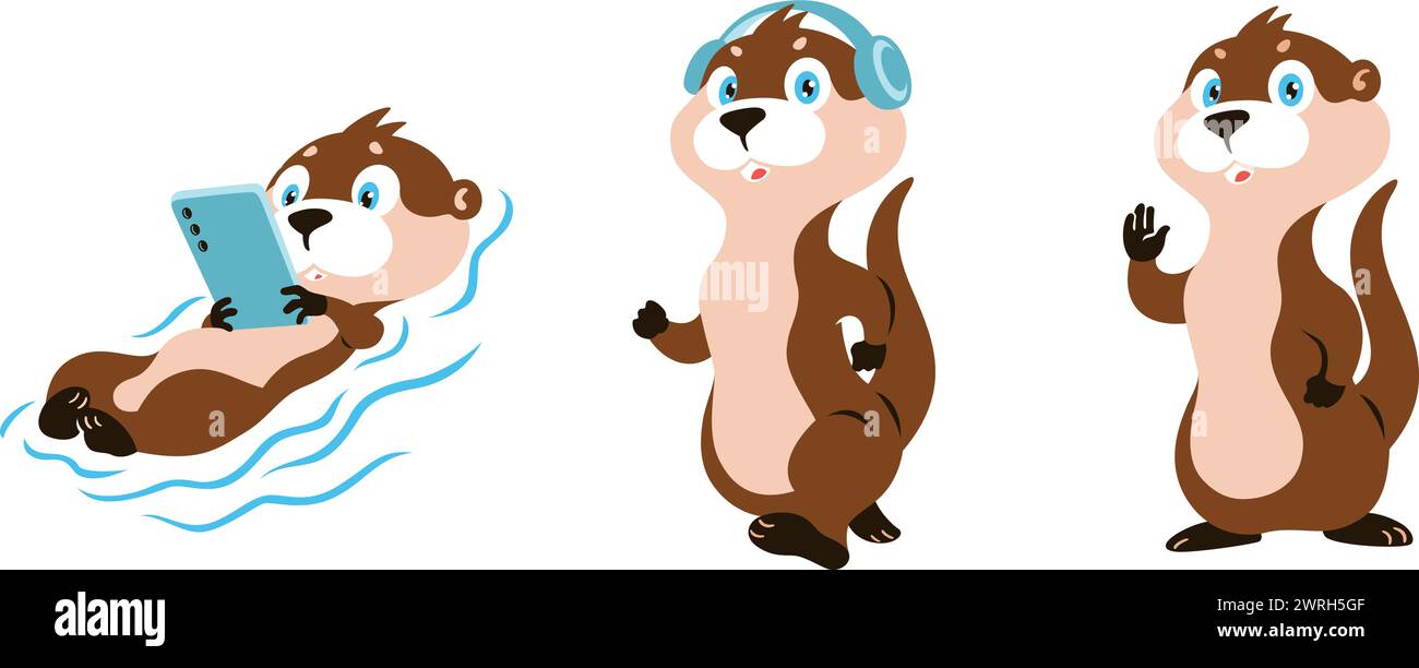 Niedliches Otter Maskottchen, Stehen, Wandern und Schwimmen Stock Vektor