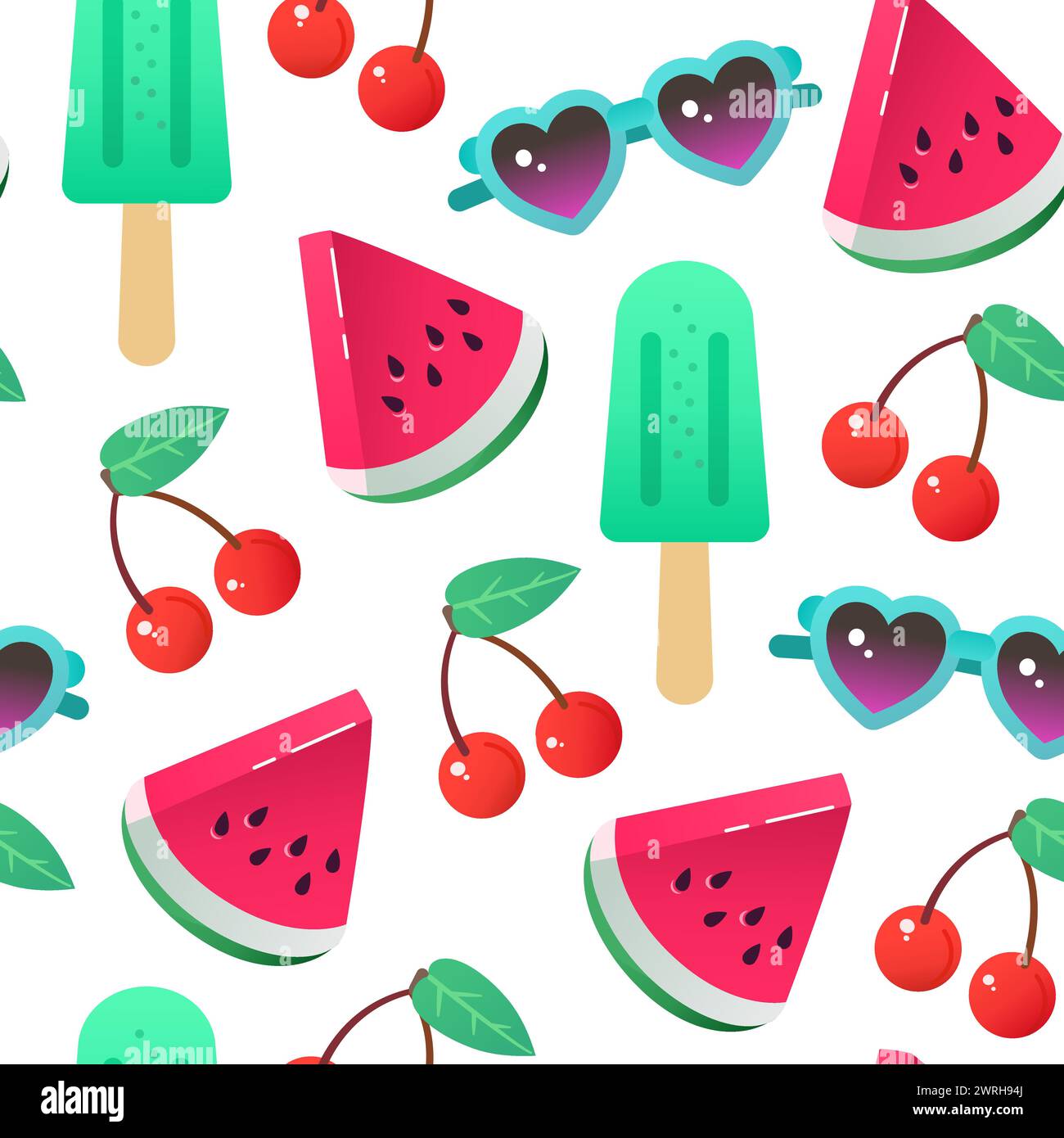 Lebhaftes süßes nahtloses Muster für den Sommer mit Wassermelone, Sonnenbrille und Eiscreme. Vektorabbildung Stock Vektor