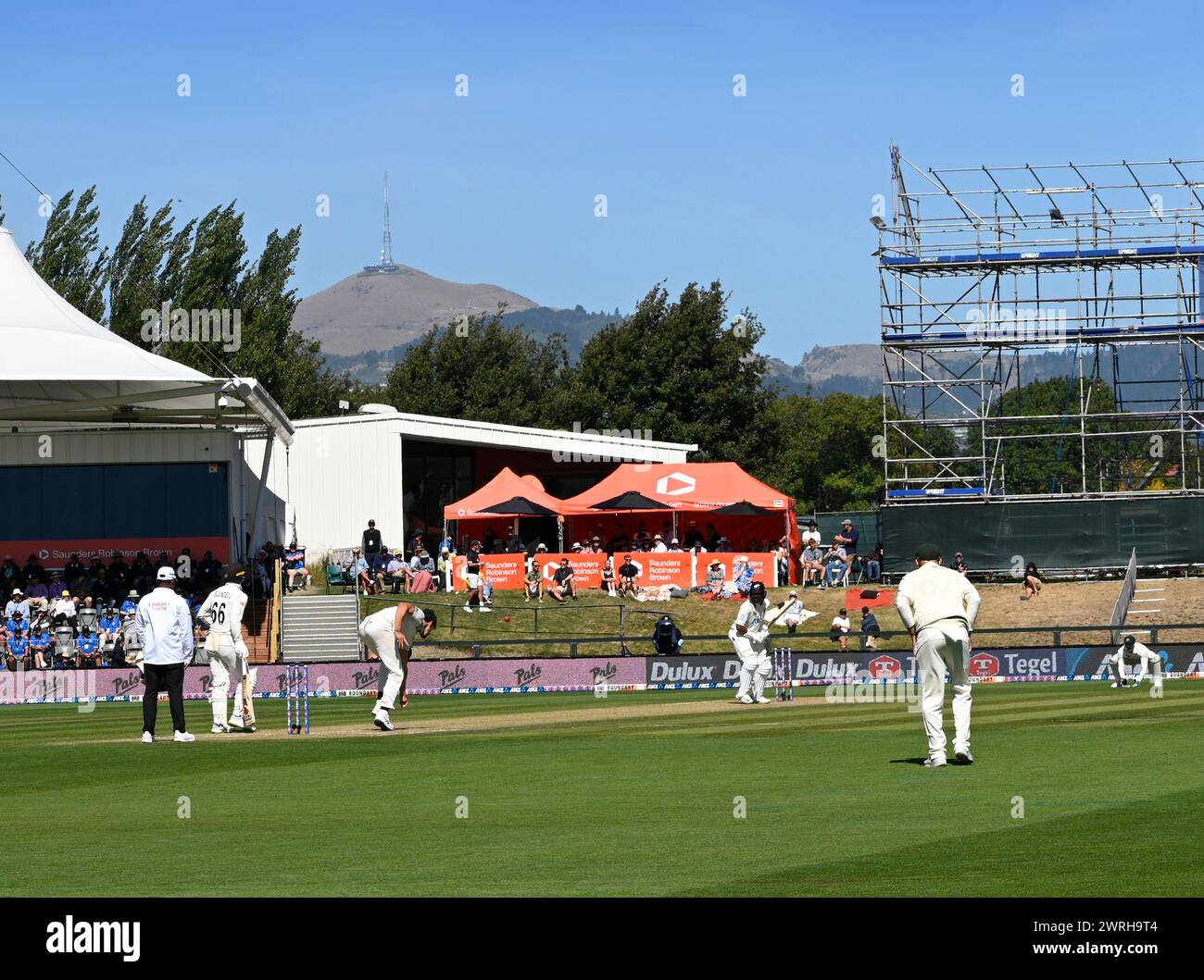 Christchurch, Neuseeland - 10. März 2024; Cricket - NZ vs Australia Test Match im Hagley Oval. Mitchell Starc schlägt Ravindra einen Aufgabeball. Stockfoto