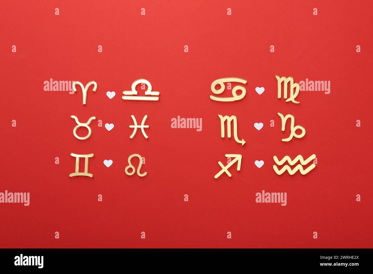 Zodiac-Zeichen Kompatibilität auf rotem Hintergrund, flach Stockfoto