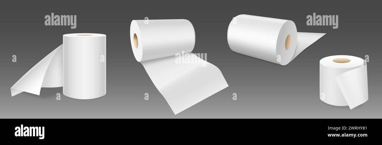 Weiße leere Toilettenpapierrollen stehen und liegen. Realistische Vektor-Illustration Set von Schablone für wc oder Küchentuch Band auf Rohr für Hygiene und Pflege. Leeres Soft-Scroll-Klo-Modell für Badezimmerprodukte. Stock Vektor