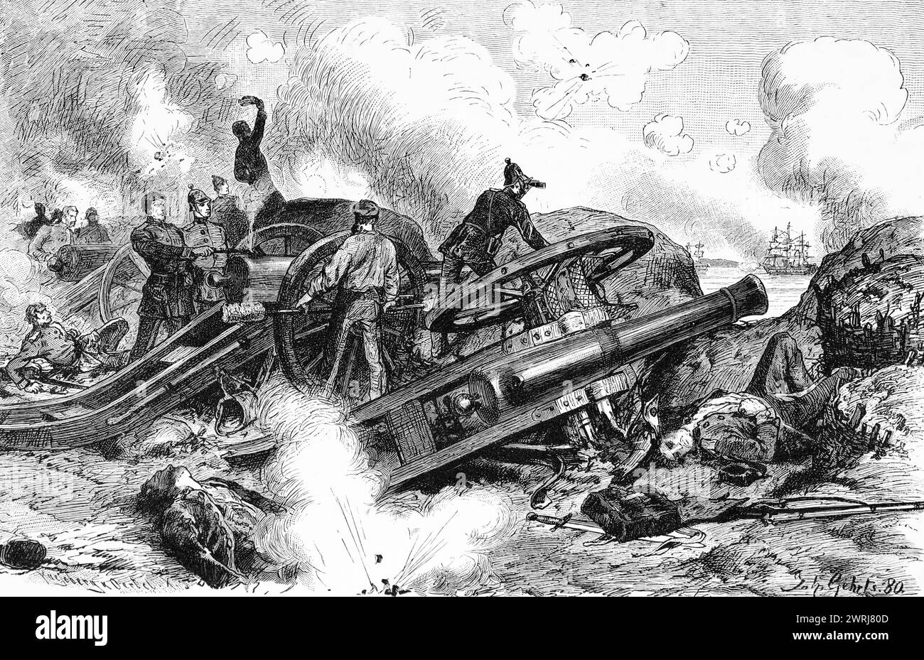 Bombardierung des dänischen Linienschiffes Christian VIII bei Eckernförde 1884, Krieg, Kriegsschiff, Kanonen, Soldaten, Schleswig-Holstein, Deutschland Stockfoto
