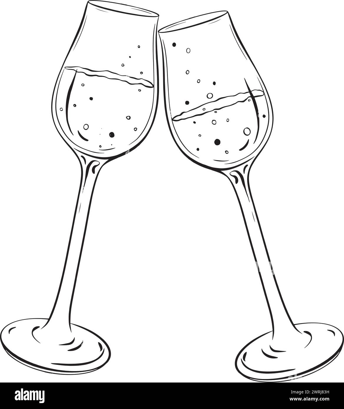 Eine einfarbige Zeichnung von zwei Glasgläsern aus Champagne, die sich gegenseitig tosten Stock Vektor