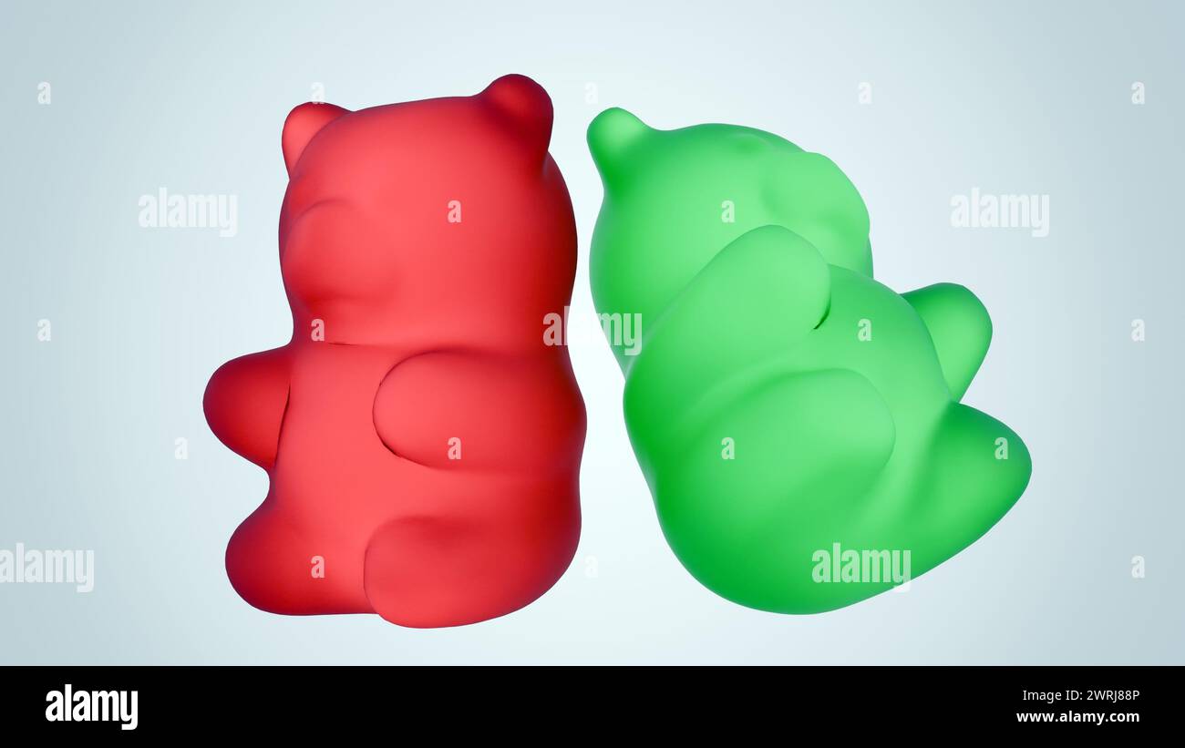 3D-Darstellung von Gummibären auf weißem Hintergrund Stockfoto