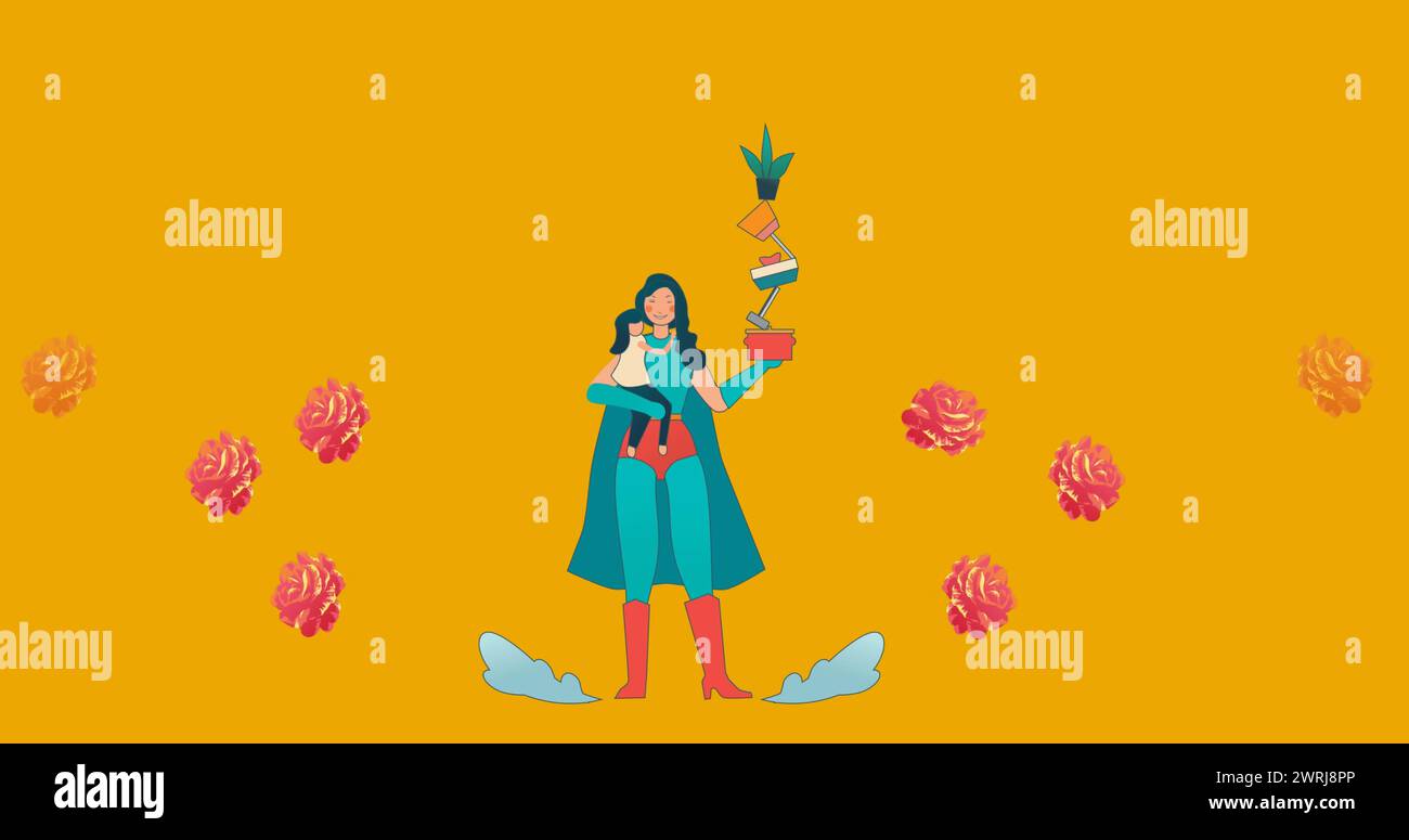Bild einer Superheldenmutter mit Tochter und Pflanzen über Blumen, die sich in hypnotischer Bewegung auf Orange bewegen Stockfoto