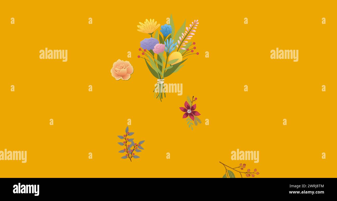 Bild von Blumen, die sich in hypnotischer Bewegung auf orangem Hintergrund bewegen Stockfoto