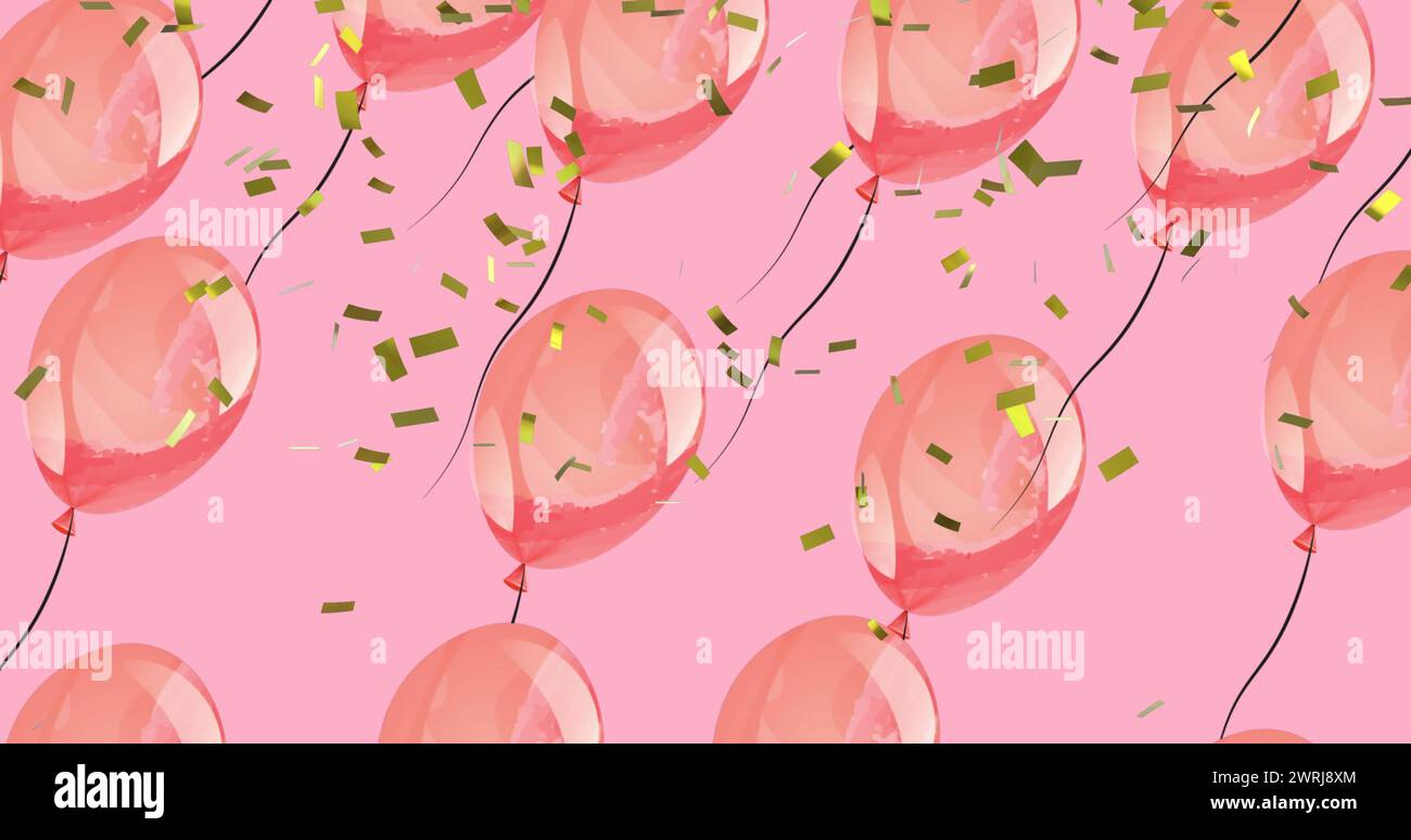 Bild von pinkfarbenen Luftballons und Konfetti über rosa Hintergrund Stockfoto