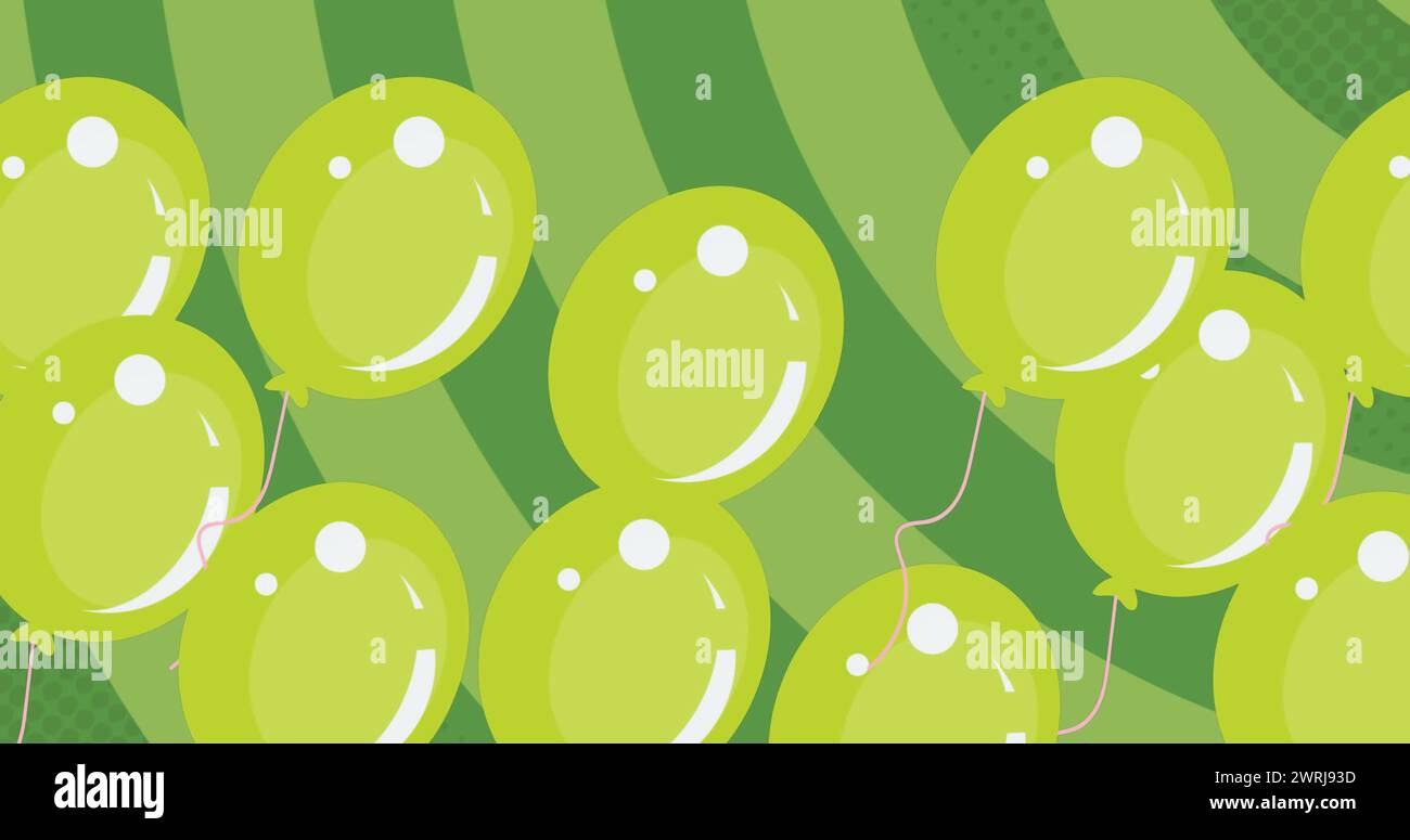 Bild von grünen Ballons, die über grünen Hintergrund fliegen Stockfoto