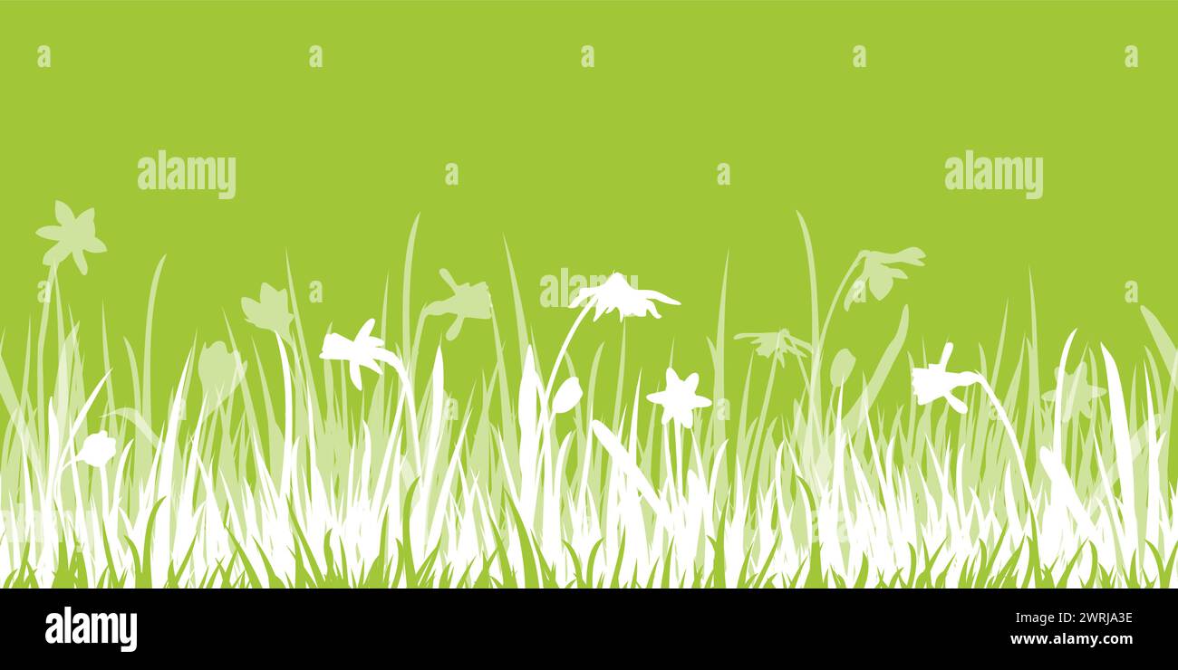 eps Vektor Panorama nahtlose Illustration für Frühling, ostern oder Natur Konzepte. Happy frischen Hintergrund mit grünen Silhouette von Gras und Blume Stock Vektor