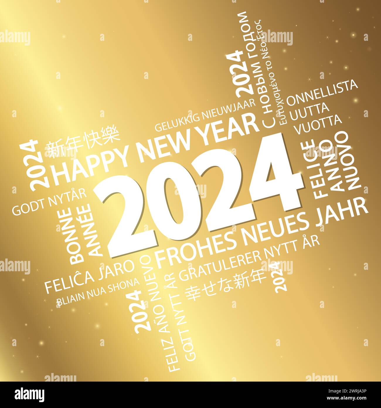 eps-Vektordatei mit Word Cloud mit Neujahrsgrüßen 2024 und goldenem Hintergrund Stock Vektor