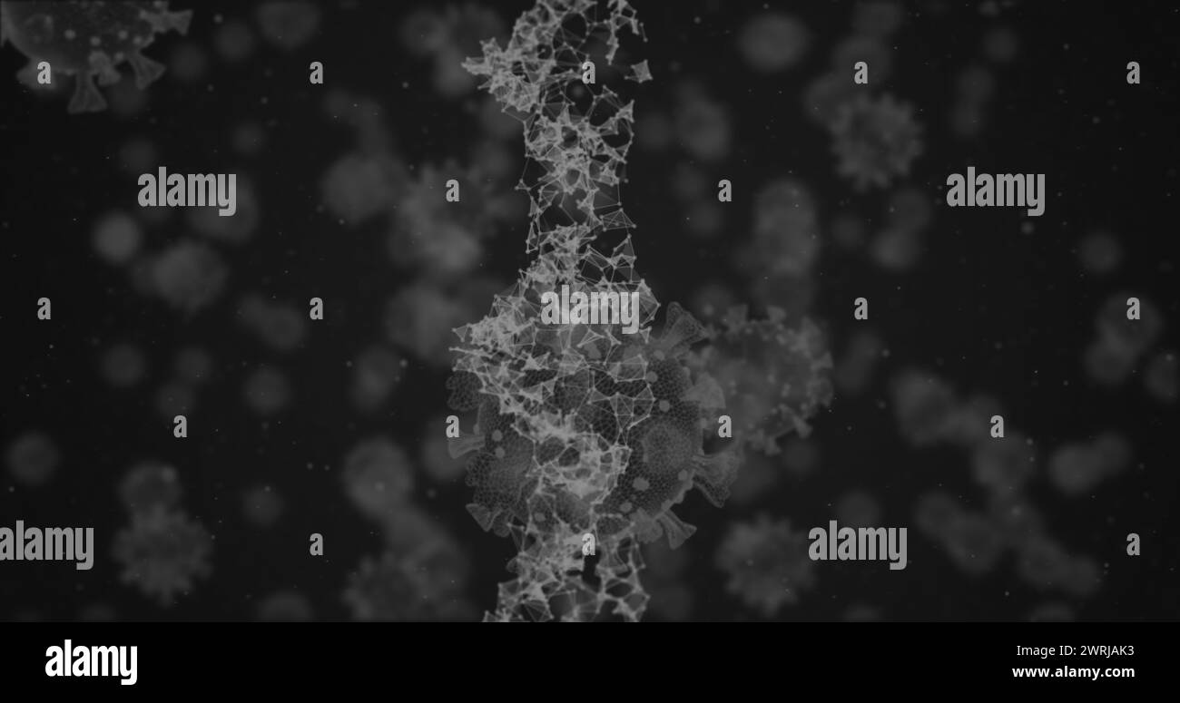 Bild von 3D-Coronavirus-COVID-19-Zellen, die sich mit rotierenden DNA-Strängen und medizinischem Symbol ausbreiten Stockfoto