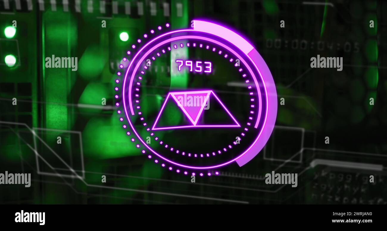 Bild eines violetten Kreises mit Zahlen über grünem Digitalbildschirm Stockfoto