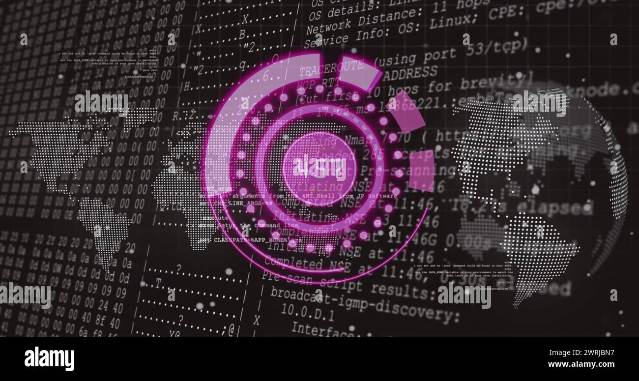 Bild eines violetten Kreises mit Zahlen über Daten und Weltkarte Stockfoto
