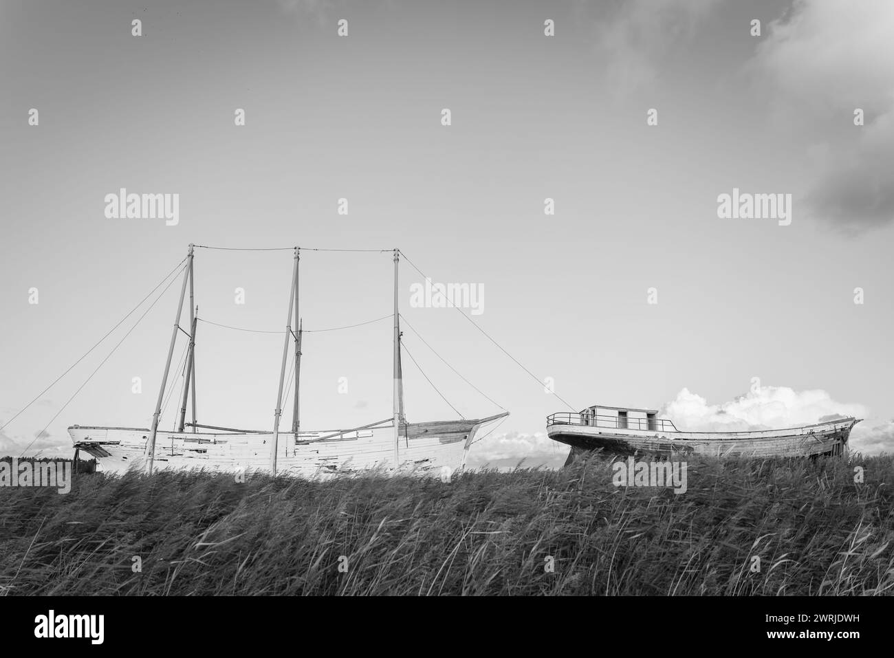 Alte verlassene Boote an der Küste Estlands. Alte verfallene hölzerne Schiffswracks. Stockfoto