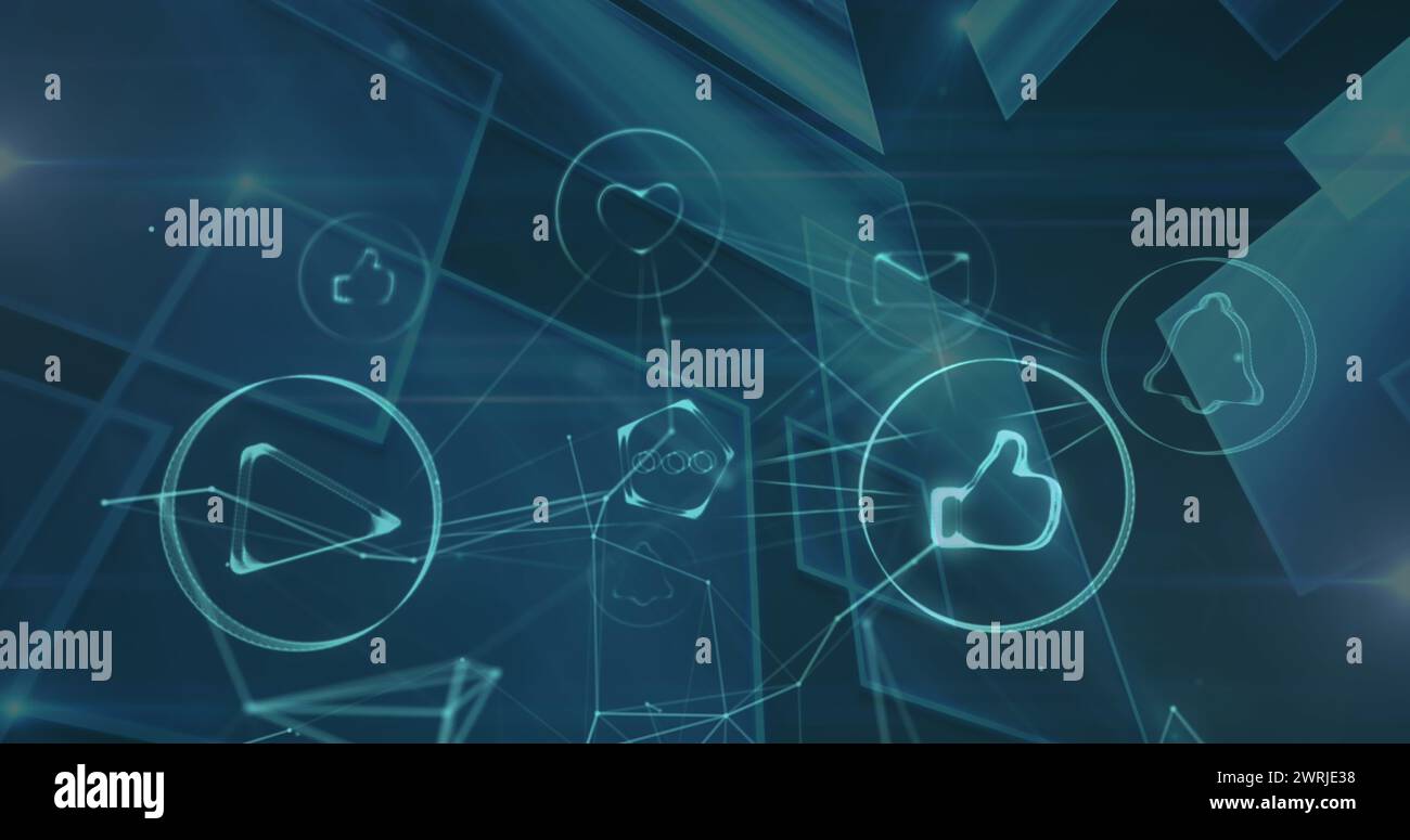 Abbildung des Netzwerks von Verbindungen mit Symbolen über Quadraten Stockfoto