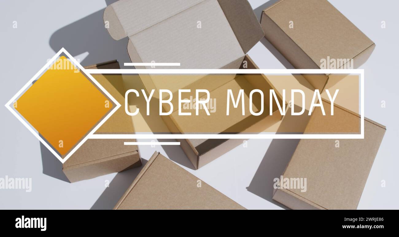 Bild: Text von Cyber monday über Geschenkkartons Stockfoto