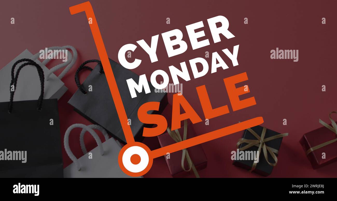 Bild: Cyber monday-Verkaufstext über Geschenken und Taschen Stockfoto