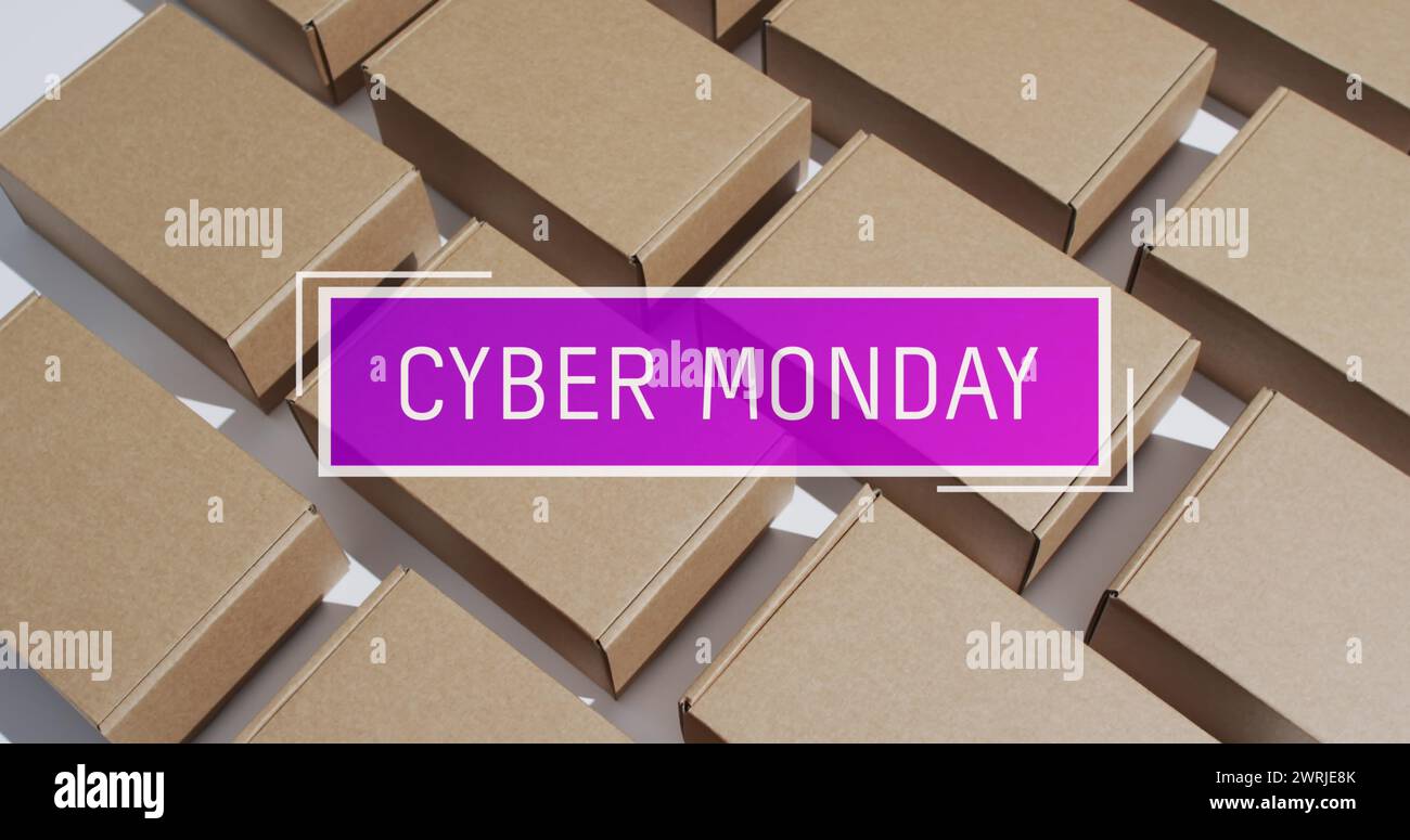 Bild: Text von Cyber monday über Geschenkkartons Stockfoto