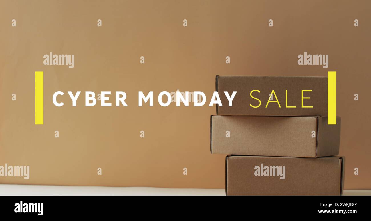 Bild: Cyber monday-Verkaufstext über Geschenkkartons Stockfoto