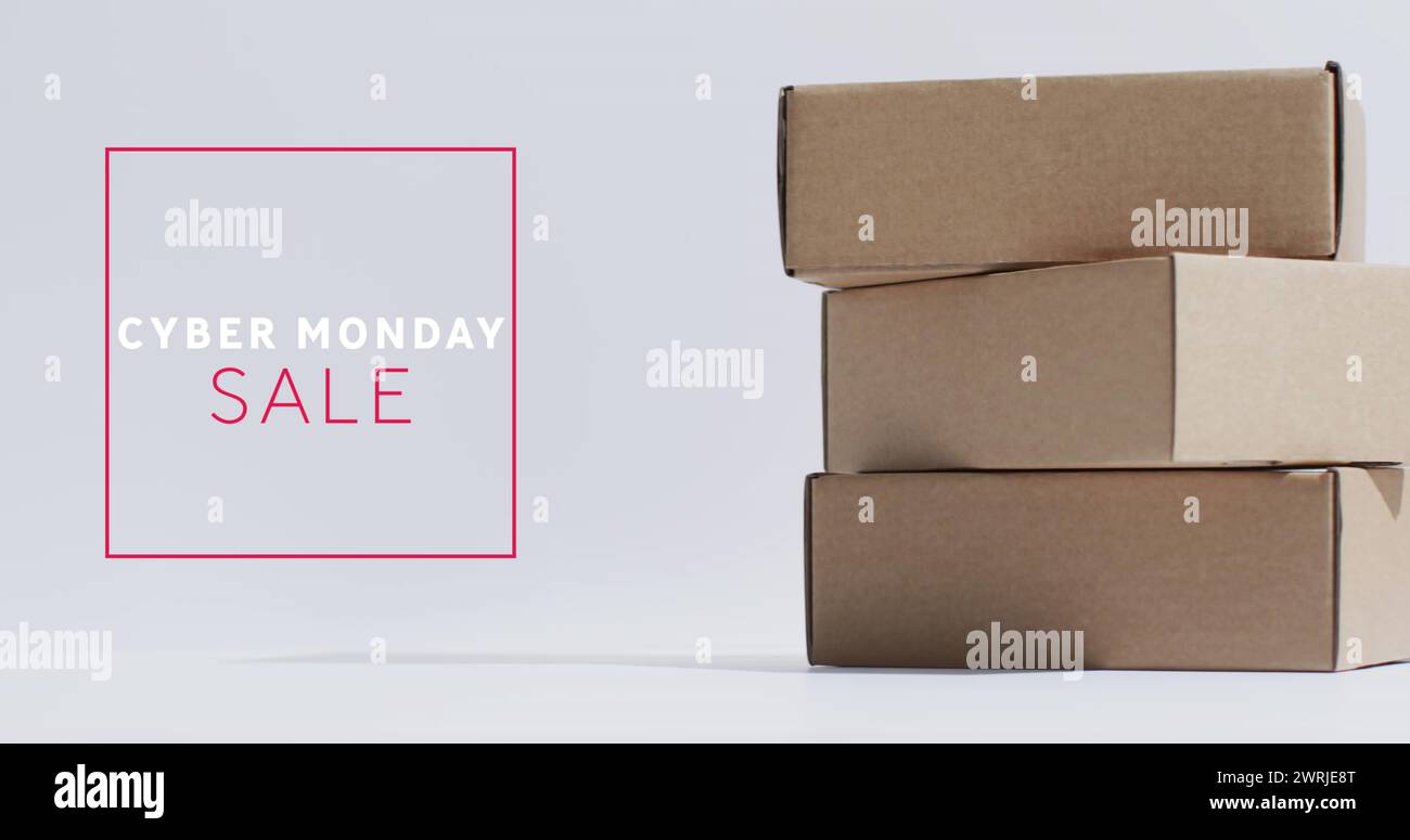 Bild: Cyber monday-Verkaufstext über Geschenkkartons Stockfoto