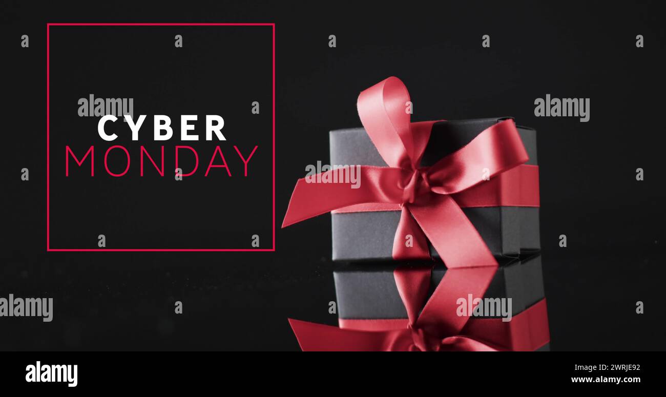 Bild: Text von Cyber monday über Geschenkbox Stockfoto