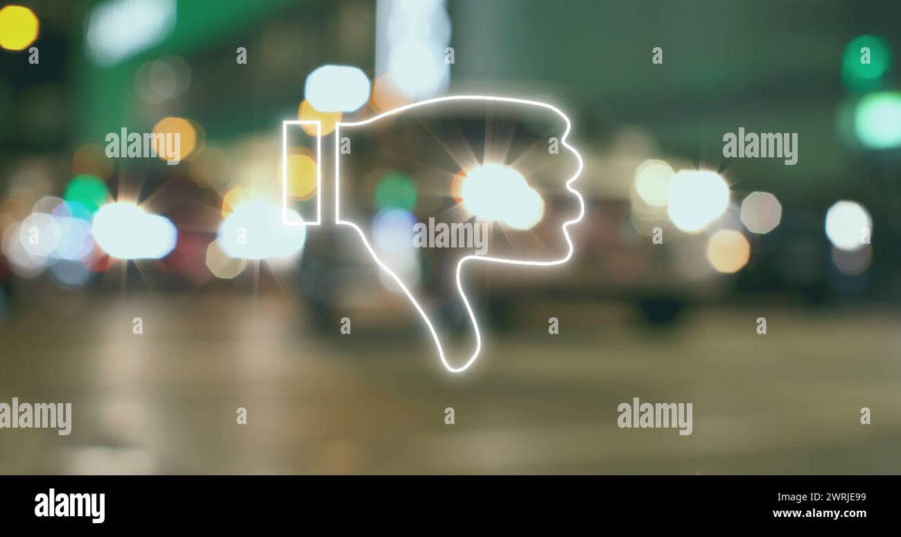 Bild: Daumen nach unten weißes Neonsymbol über der Stadtlandschaft Stockfoto