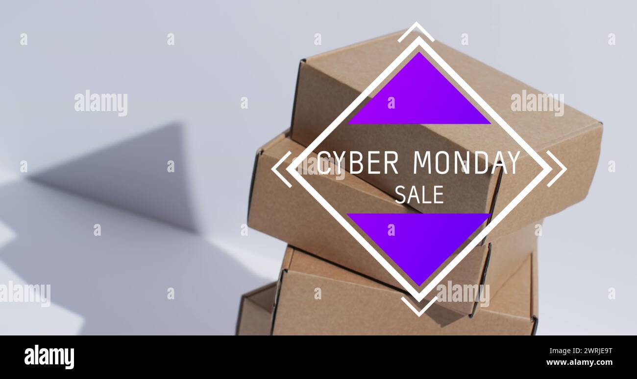 Bild: Cyber monday-Verkaufstext über Geschenkkartons Stockfoto