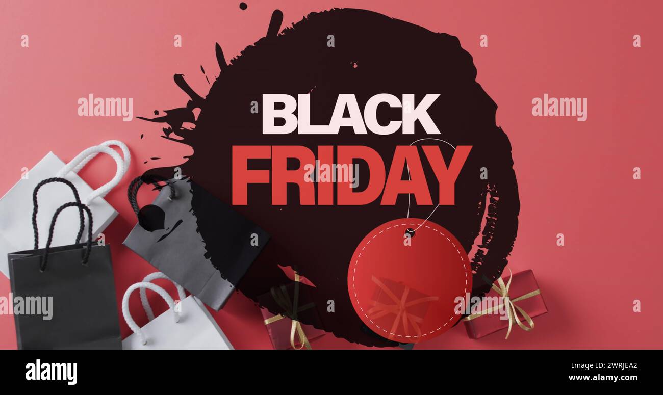 Bild: Schwarzer Text am freitag über Geschenkkartons und -Taschen Stockfoto