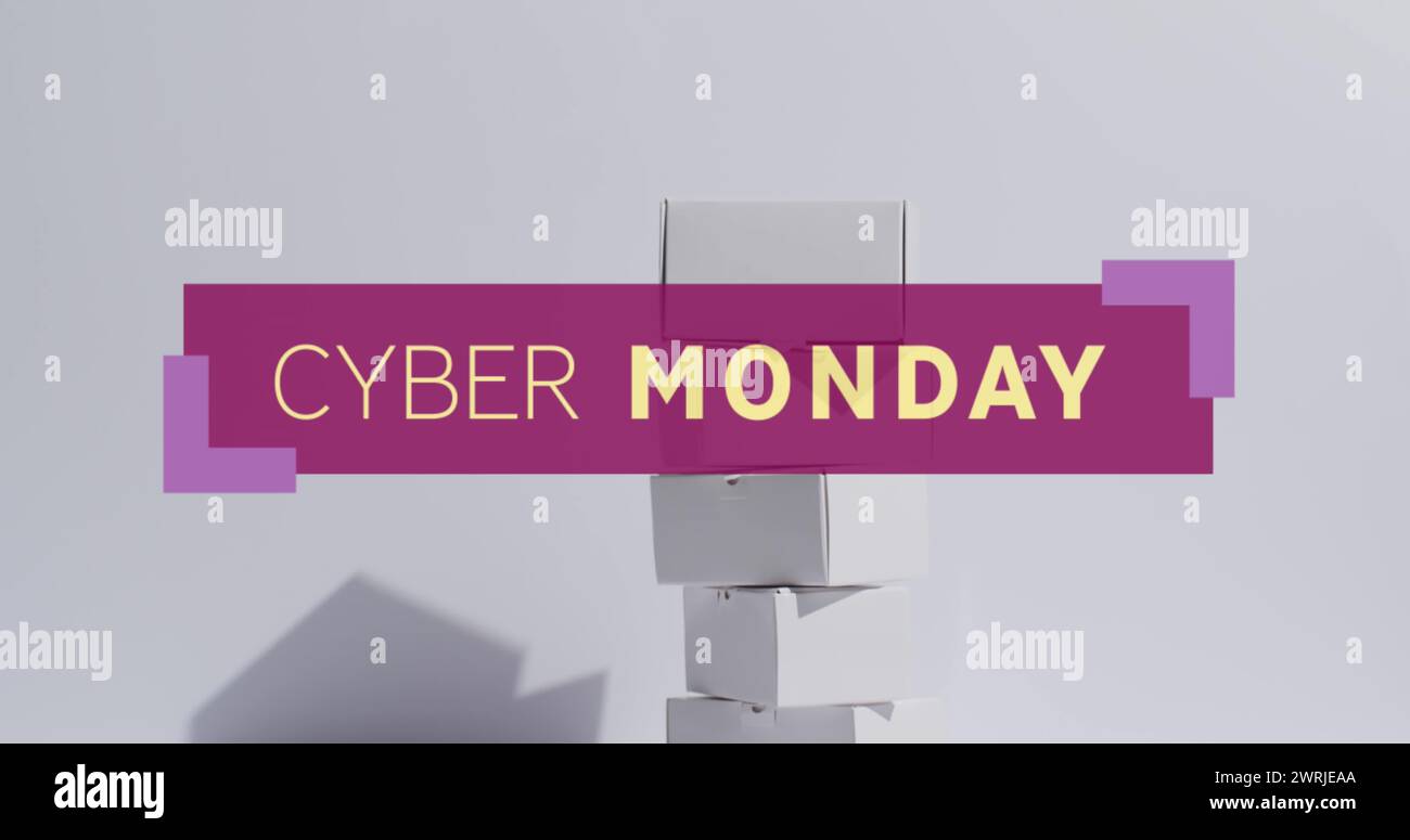 Bild: Text von Cyber monday über Geschenkkartons Stockfoto