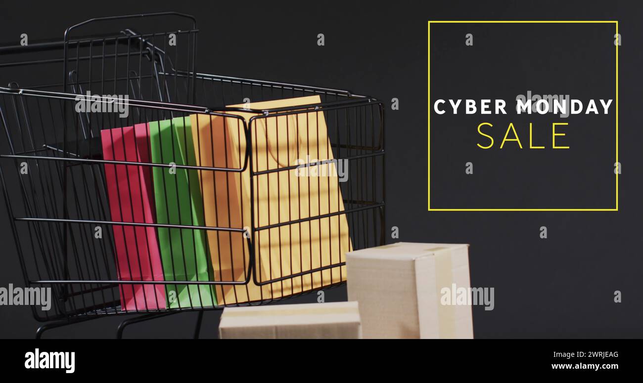 Bild: Verkaufstext für Cyber monday über Einkaufswagen Stockfoto