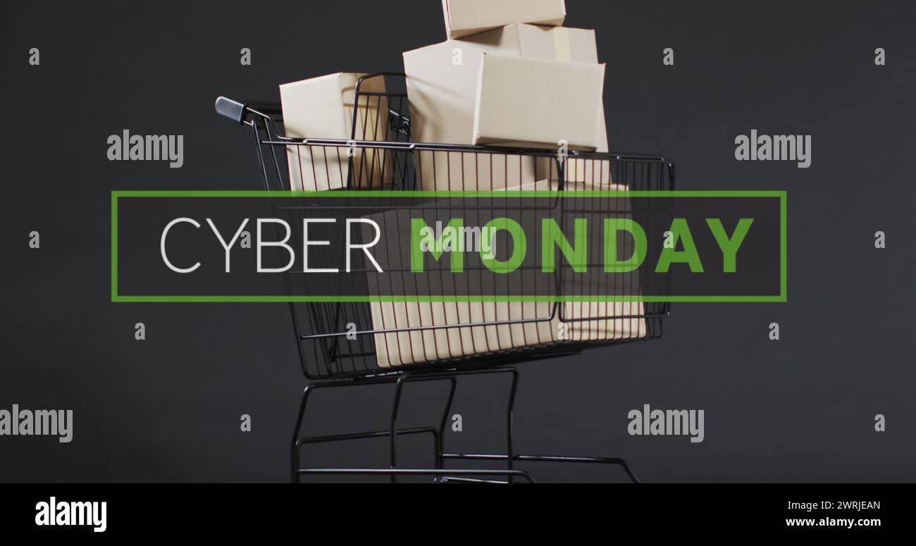 Bild: Cyber monday-Text über Einkaufswagen Stockfoto